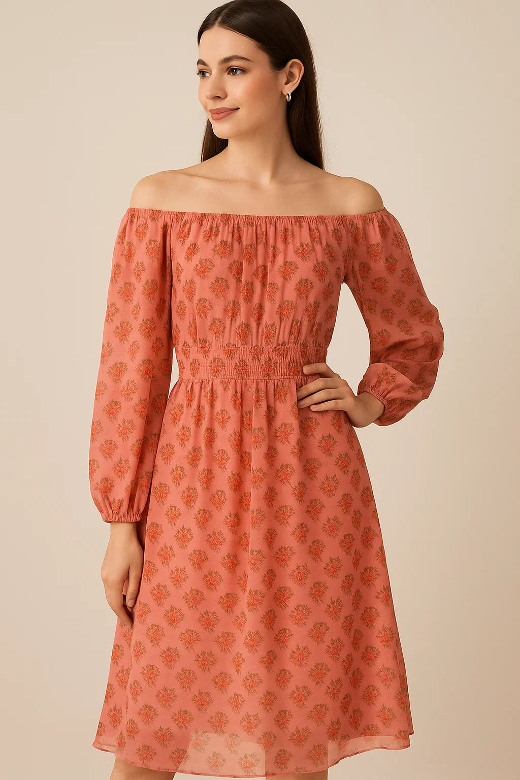 Cool Summer Simple Pink Flower With Leaves Digital Printed Fabric - Pure Georgette