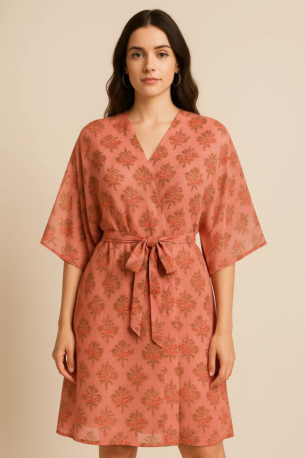 Cool Summer Simple Pink Flower With Leaves Digital Printed Fabric - Pure Georgette