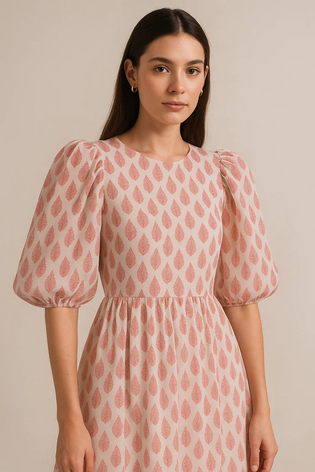 Lovely Pink And Brown Hand Block Leaves Digital Printed Fabric - Pure Georgette