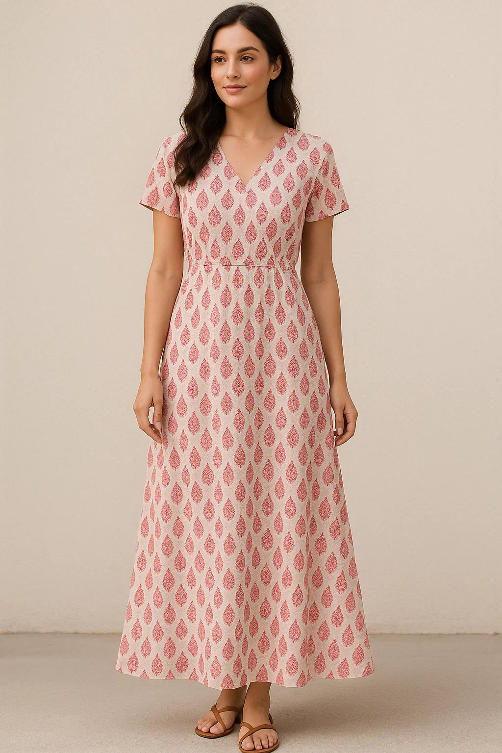 Lovely Pink And Brown Hand Block Leaves Digital Printed Fabric - Pure Georgette