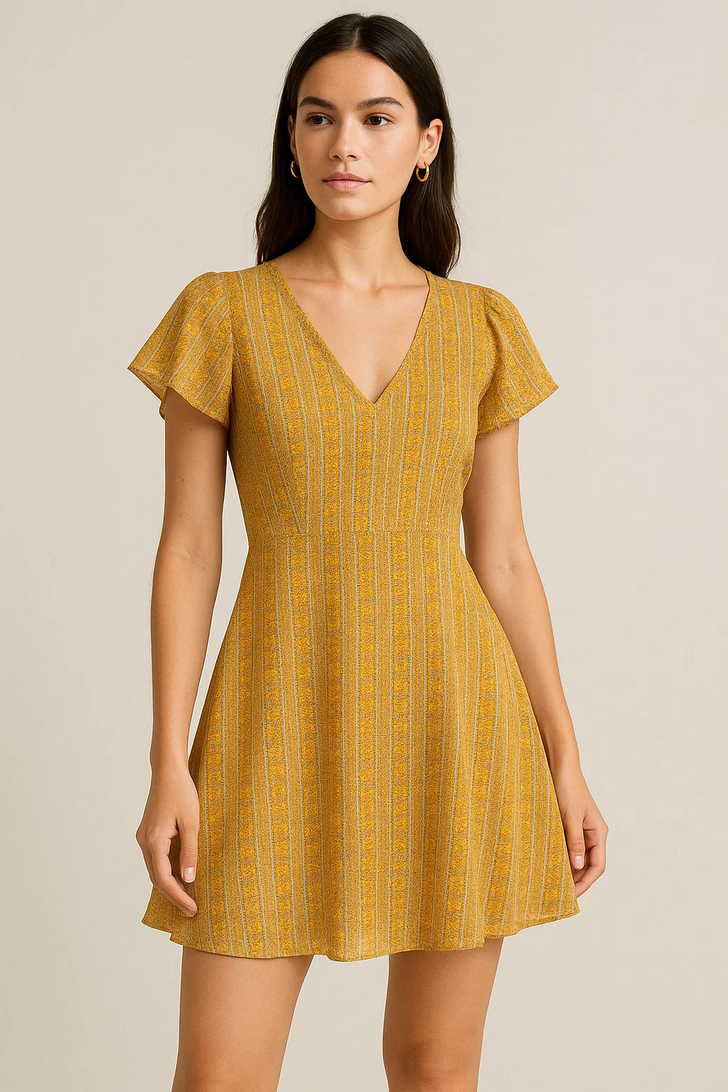 Decorative Yellow Strips Leaves Digital Printed Fabric - Pure Georgette