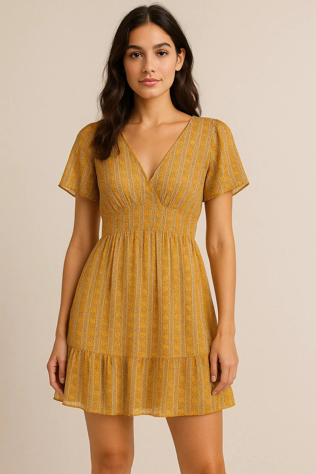 Decorative Yellow Strips Leaves Digital Printed Fabric - Pure Georgette