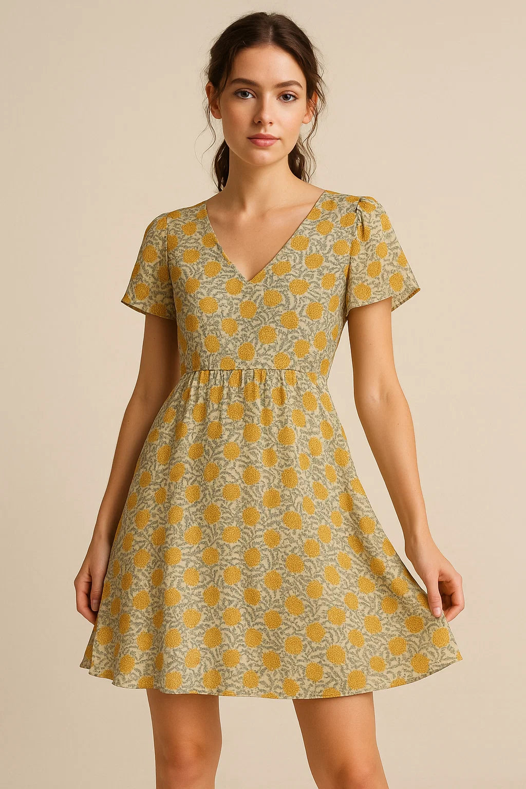 Repeat Yellow Calico Flower With Buds Digital Printed Fabric - Pure Georgette