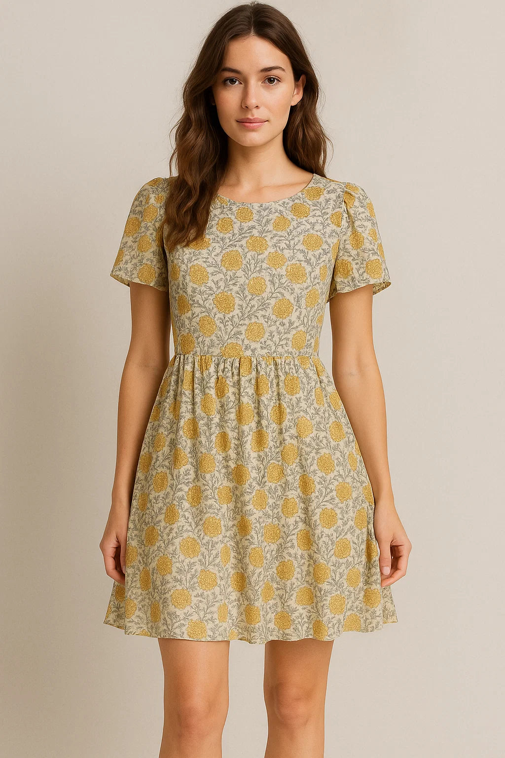 Repeat Yellow Calico Flower With Buds Digital Printed Fabric - Pure Georgette