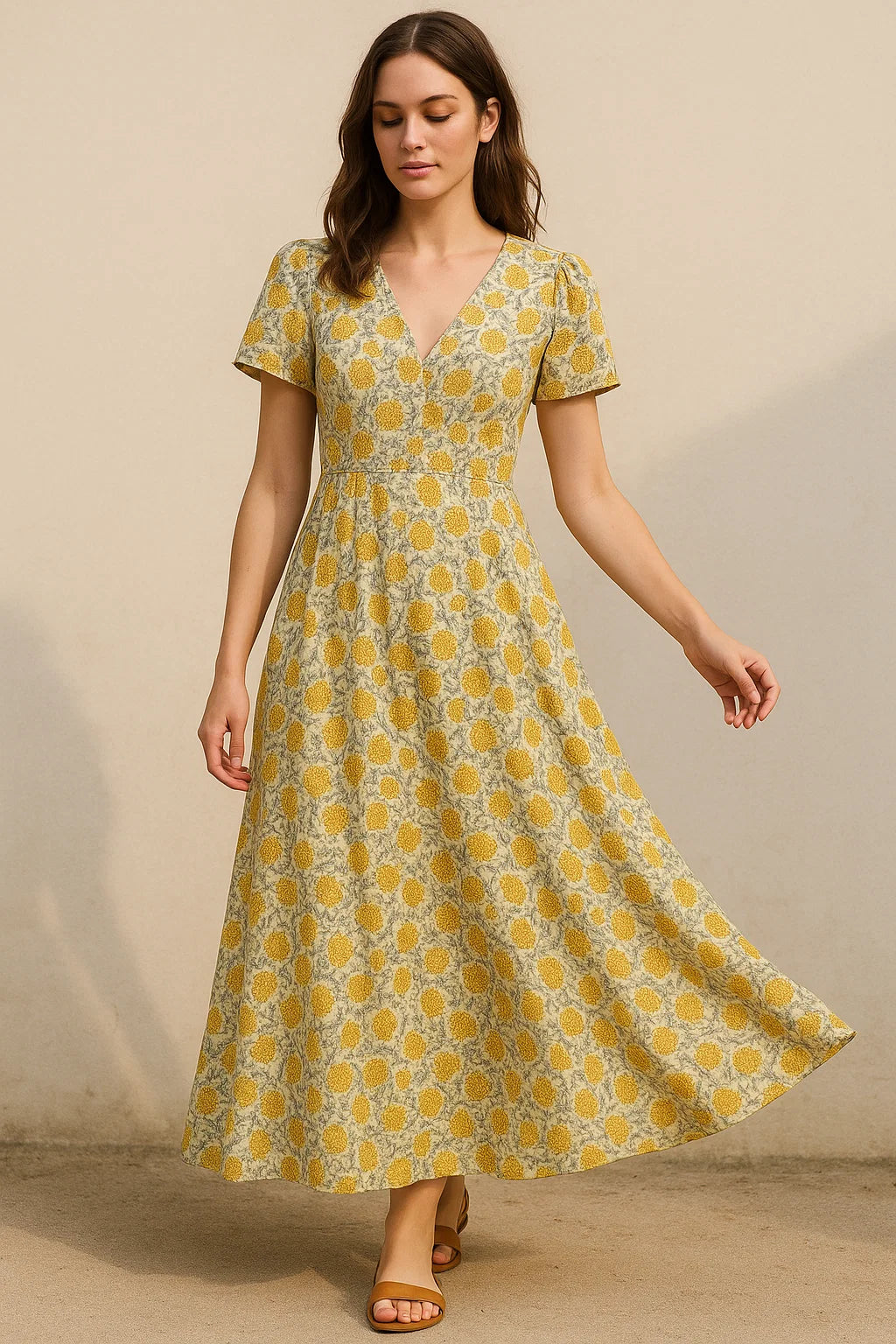 Repeat Yellow Calico Flower With Buds Digital Printed Fabric - Pure Georgette