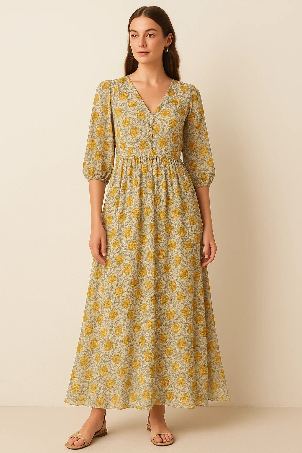 Repeat Yellow Calico Flower With Buds Digital Printed Fabric - Pure Georgette