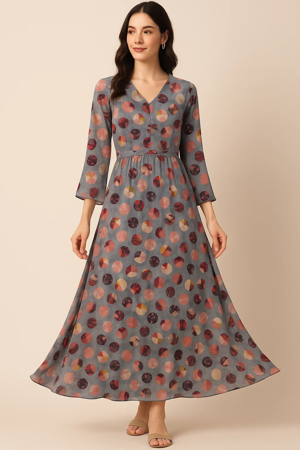 Repeat Downbeat Art In Circle Digital Printed Fabric - Pure Georgette