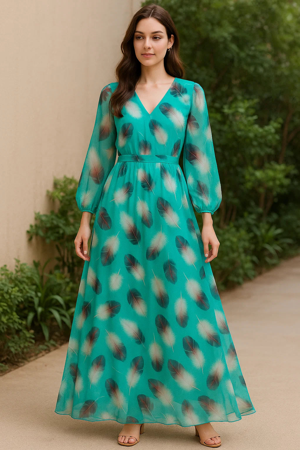 Winter Cool Ice Temple Colour Feather Digital Printed Fabric - Pure Georgette