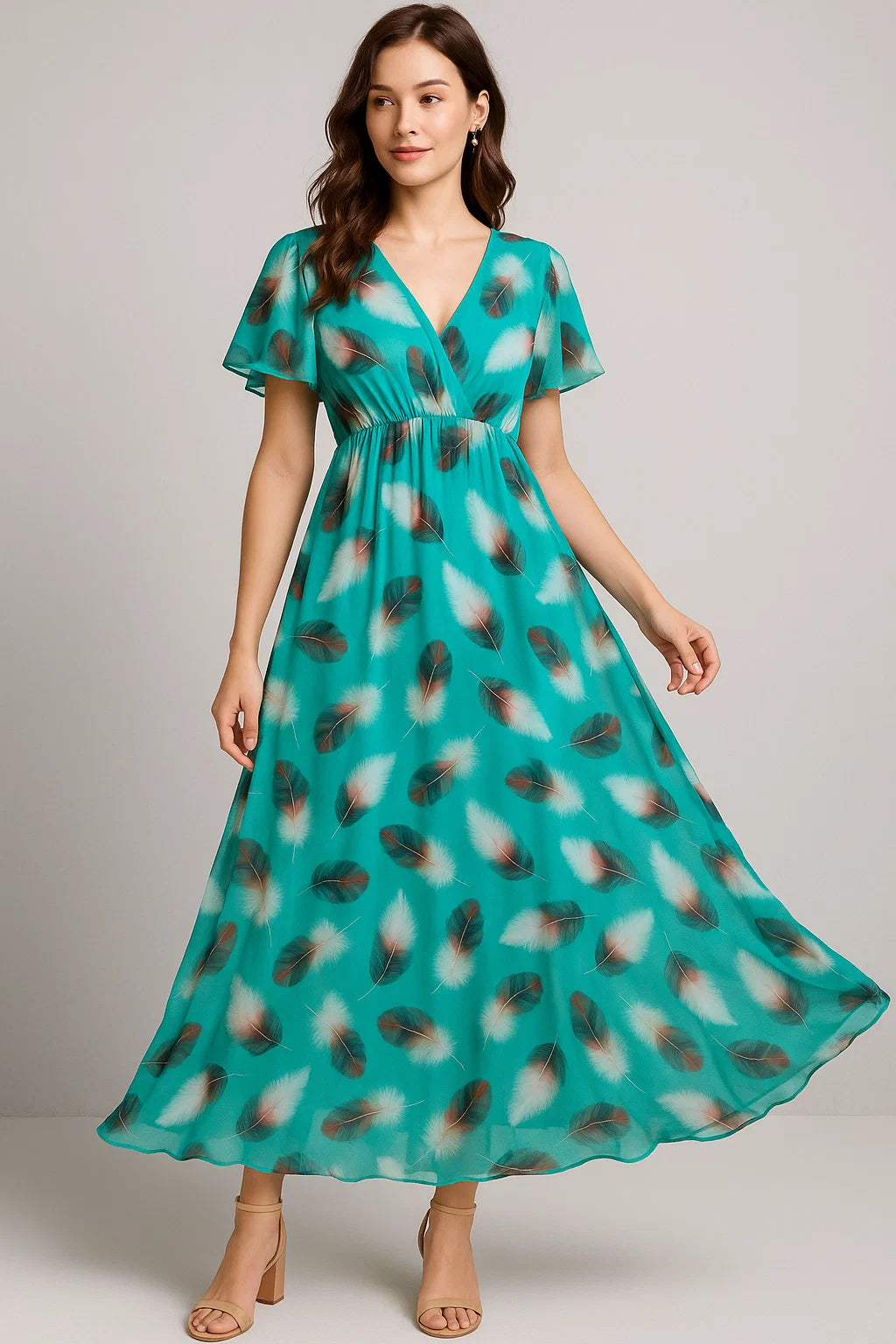 Winter Cool Ice Temple Colour Feather Digital Printed Fabric - Pure Georgette