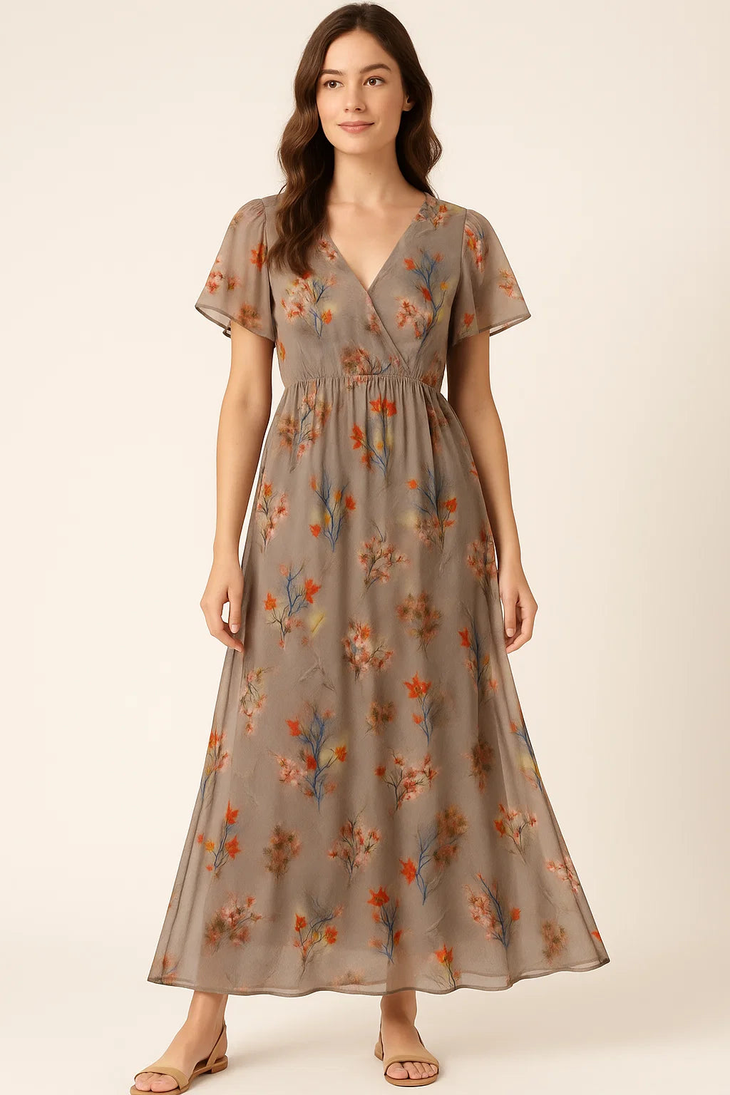 Attractive Pink Periwinkle With Autumn Buds Leaves Digital Printed Fabric - Pure Georgette