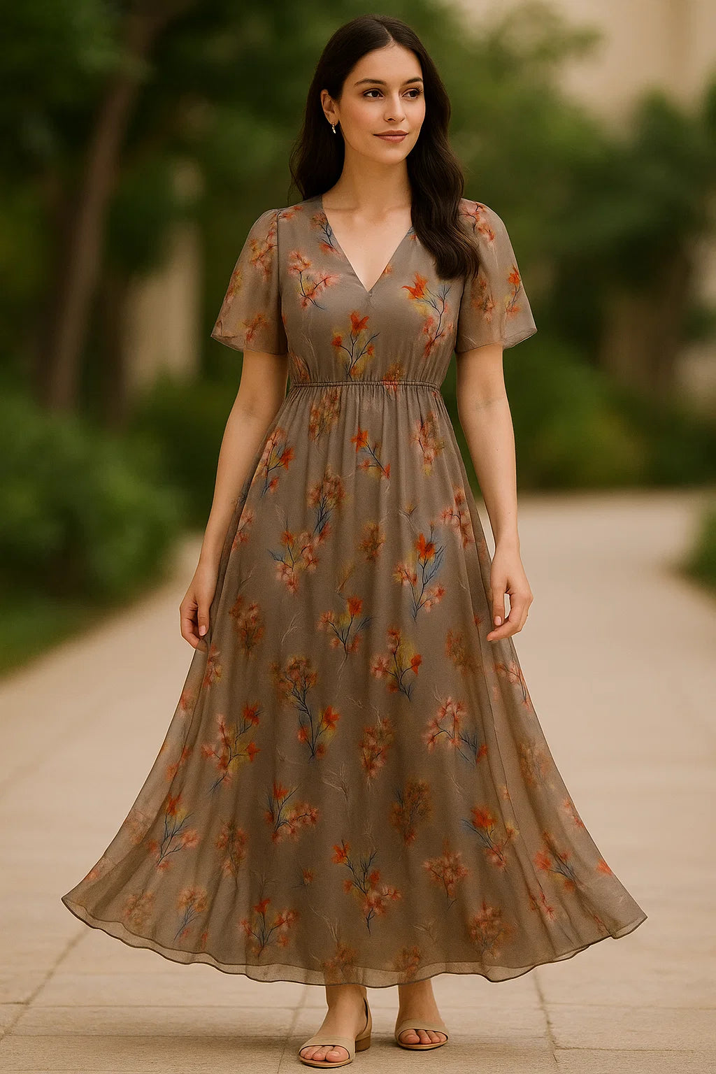 Attractive Pink Periwinkle With Autumn Buds Leaves Digital Printed Fabric - Pure Georgette