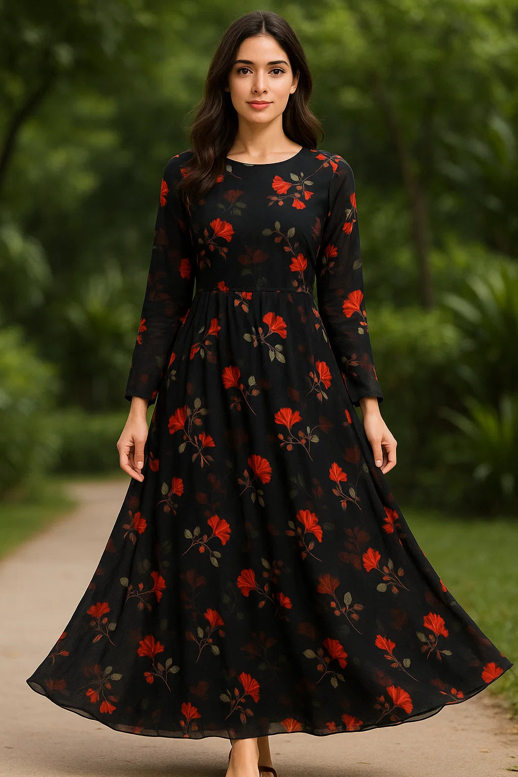 Morden Red Iris With Golden Floral Digital Printed Fabric - Pure Georgette