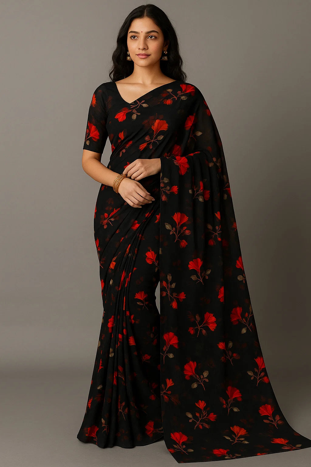 Morden Red Iris With Golden Floral Digital Printed Fabric - Pure Georgette