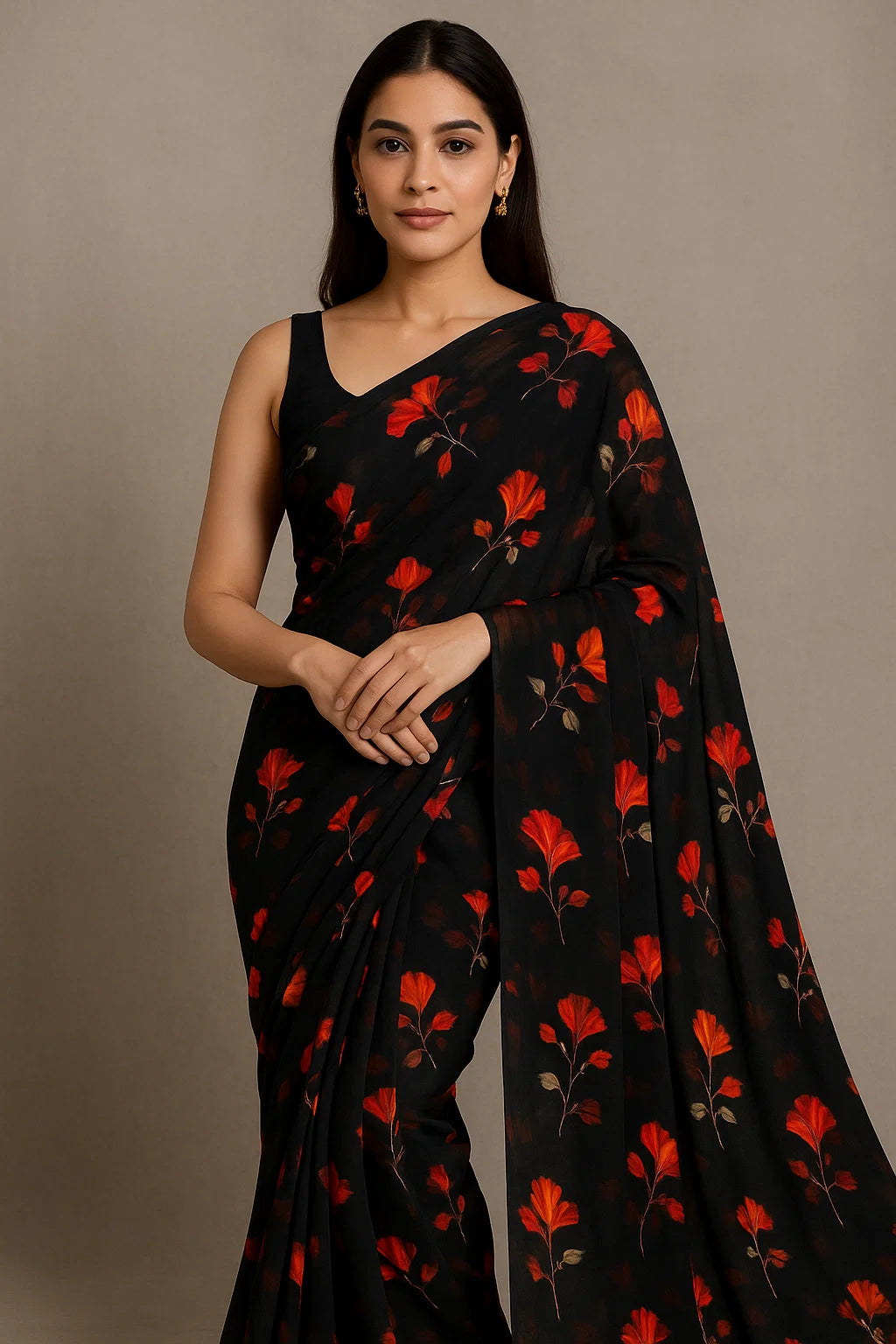 Morden Red Iris With Golden Floral Digital Printed Fabric - Pure Georgette