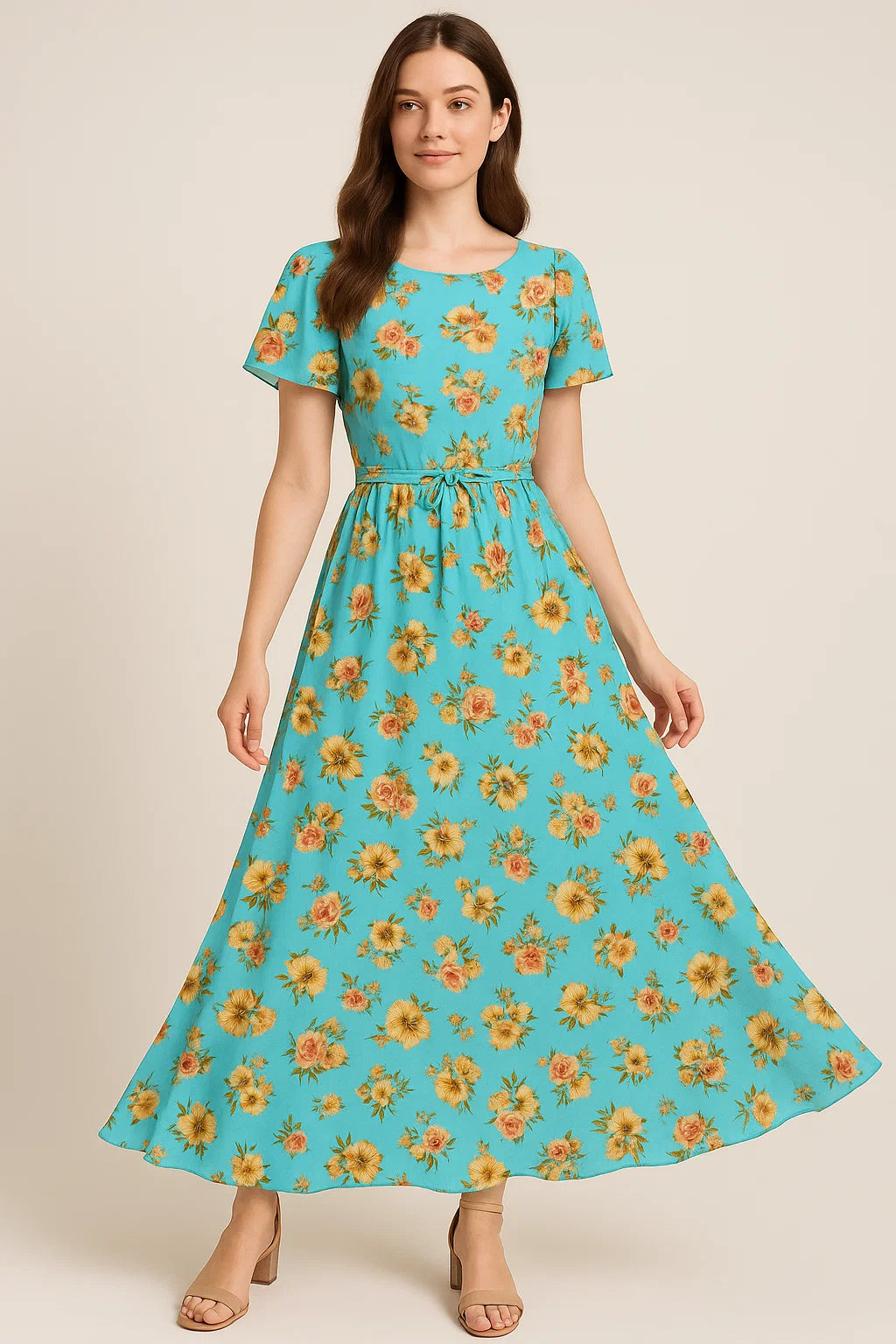 Lovely Periwinkle Flower With Blue Turquoise Digital Printed Fabric - Pure Georgette