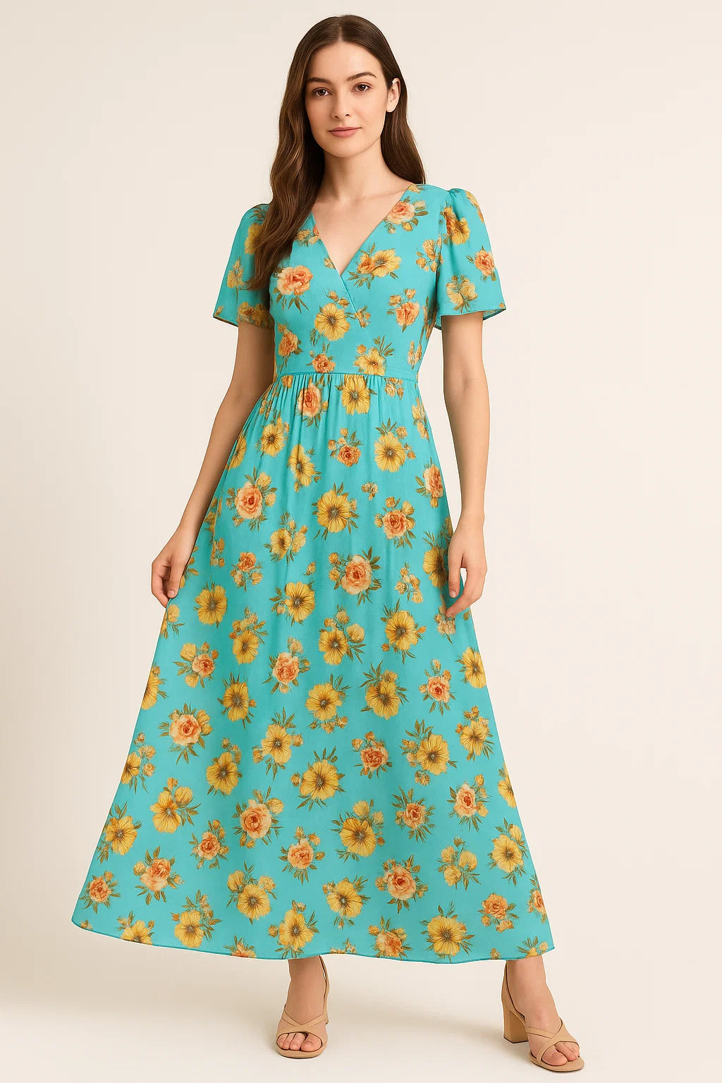 Lovely Periwinkle Flower With Blue Turquoise Digital Printed Fabric - Pure Georgette