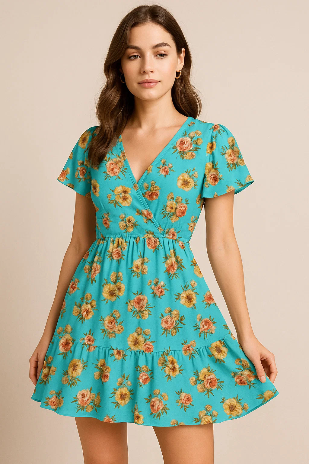 Lovely Periwinkle Flower With Blue Turquoise Digital Printed Fabric - Pure Georgette