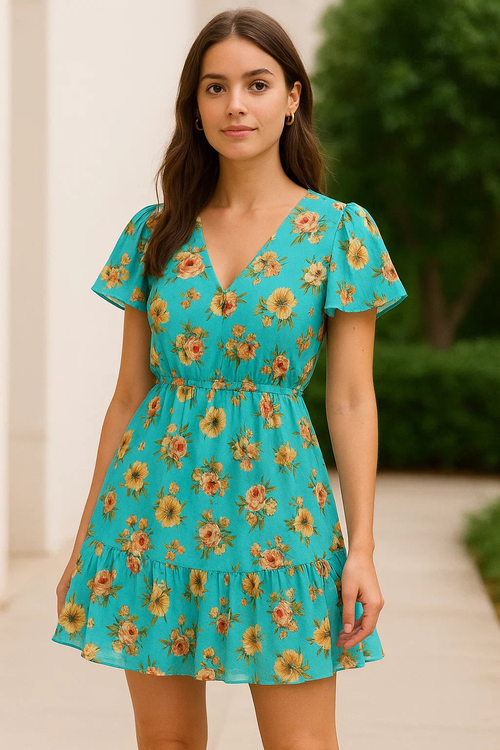 Lovely Periwinkle Flower With Blue Turquoise Digital Printed Fabric - Pure Georgette