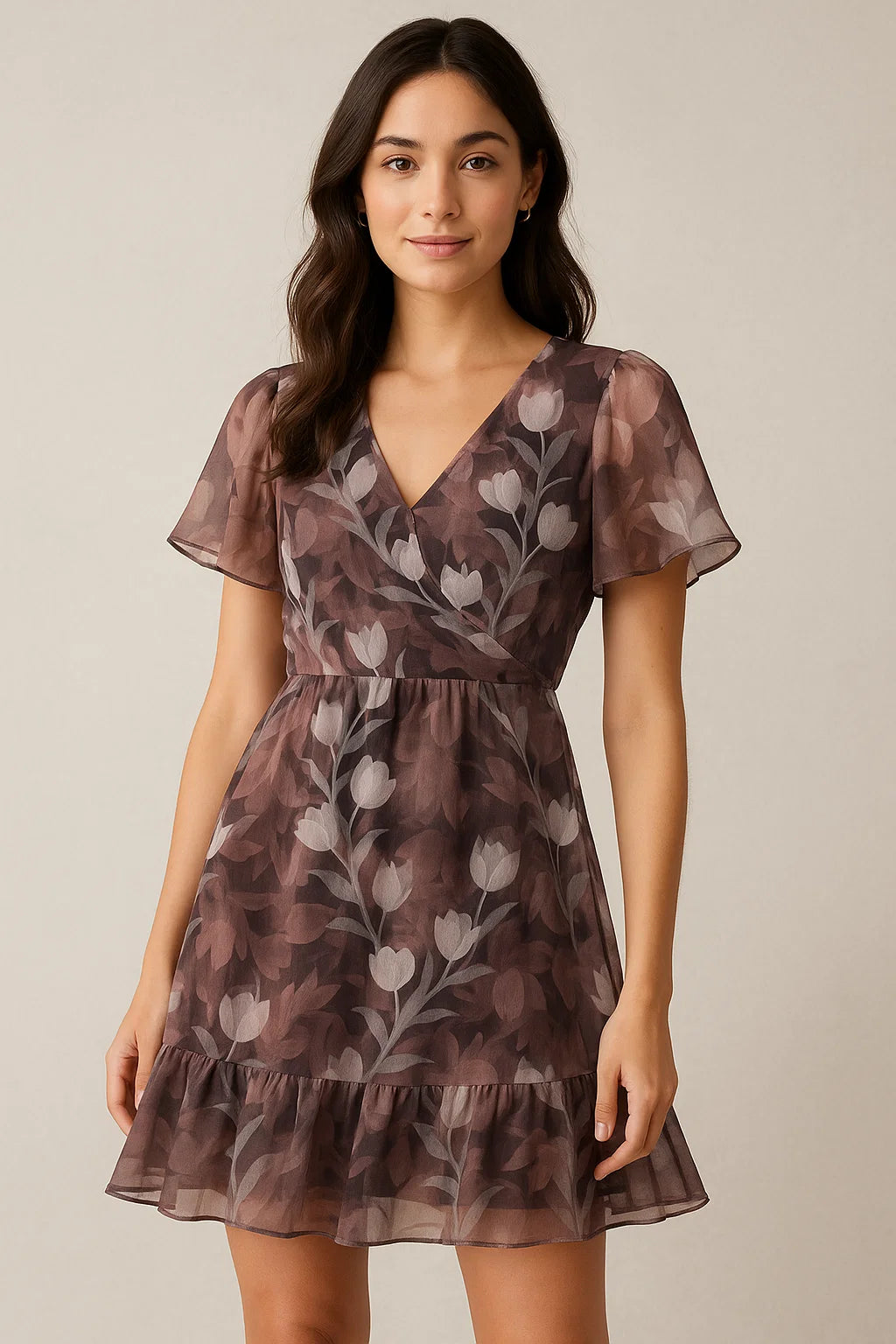 Watercolor Blooming Flower Brown Flower Digital Printed Fabric - Pure Georgette