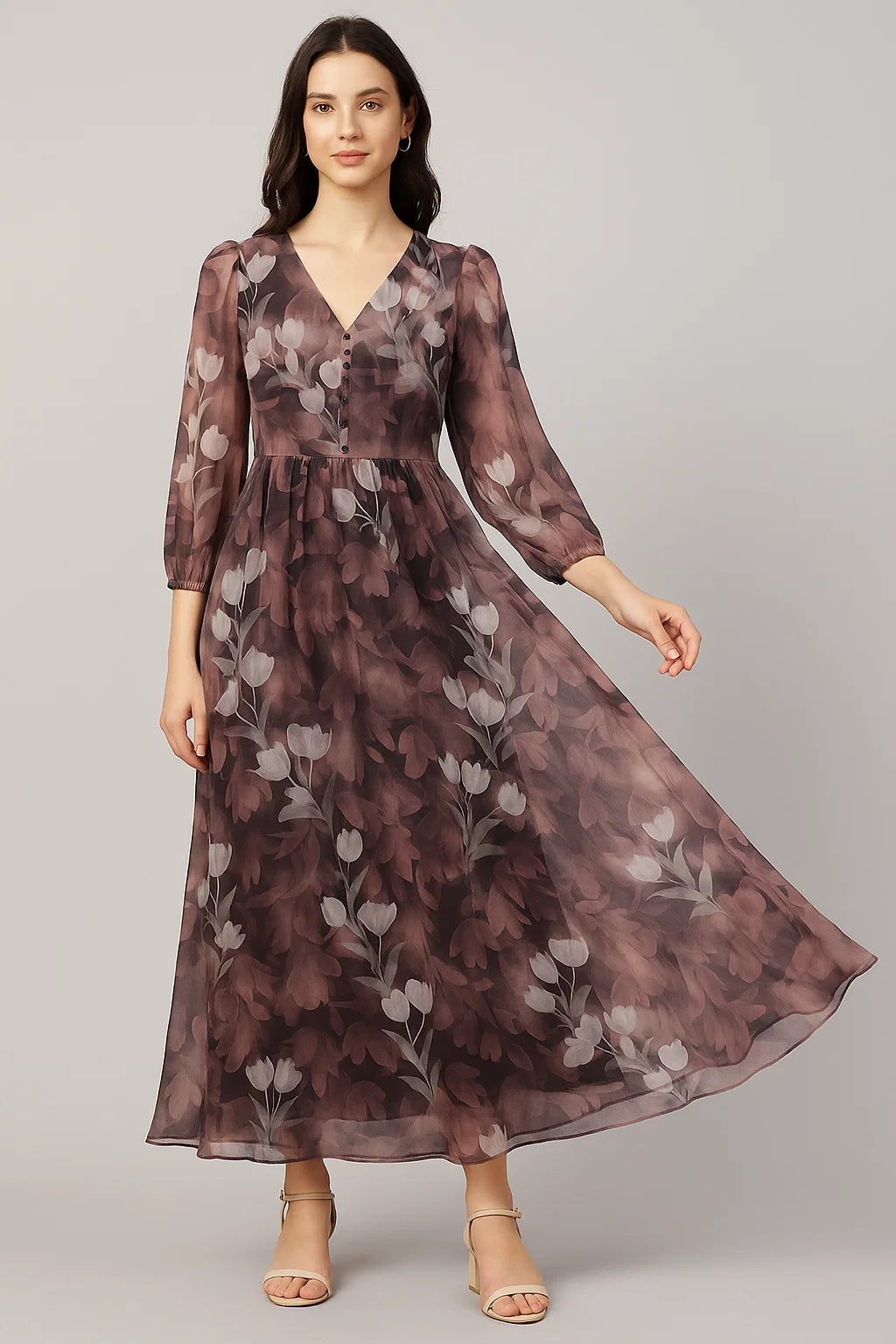 Watercolor Blooming Flower Brown Flower Digital Printed Fabric - Pure Georgette