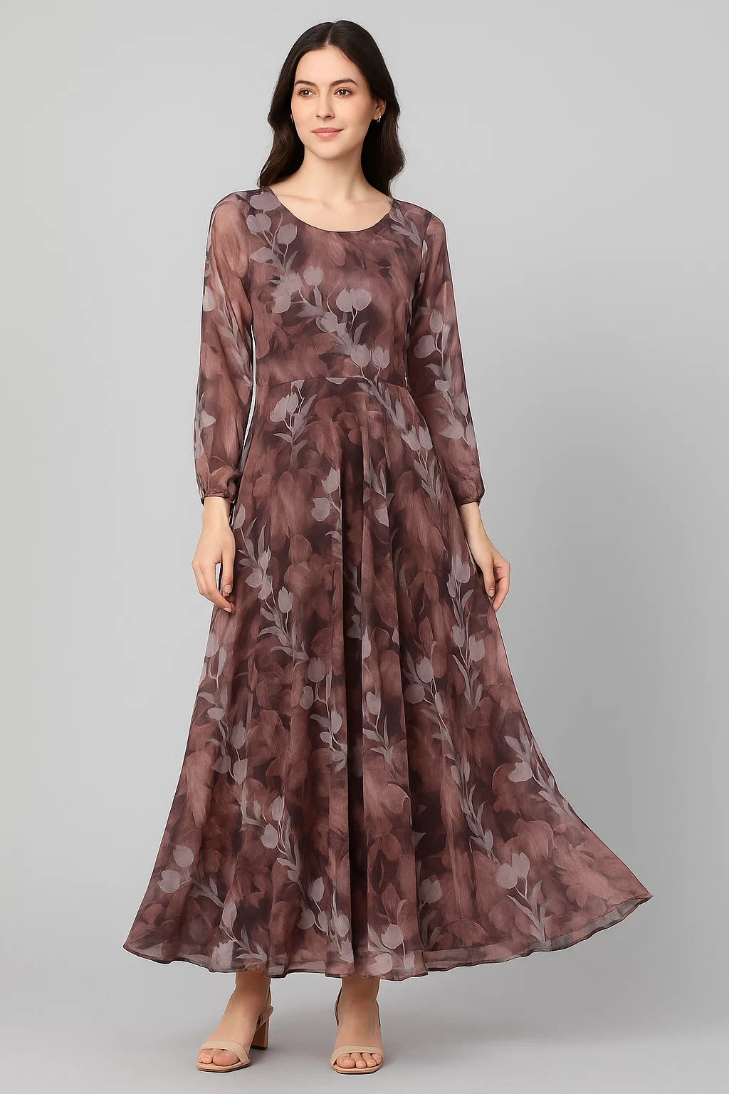 Watercolor Blooming Flower Brown Flower Digital Printed Fabric - Pure Georgette