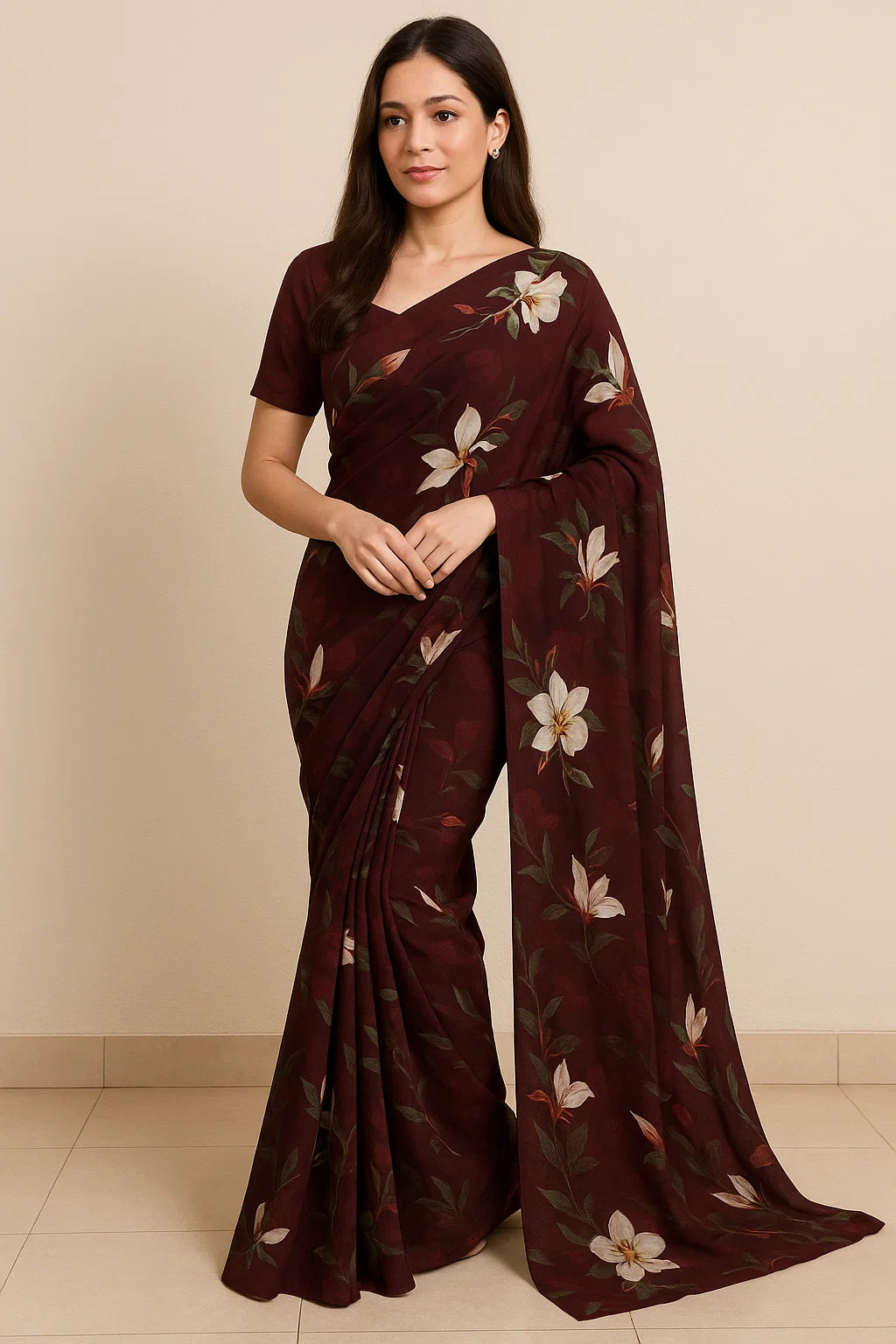 Big White Flower Repeat Digital Printed Fabric - Pure Georgette