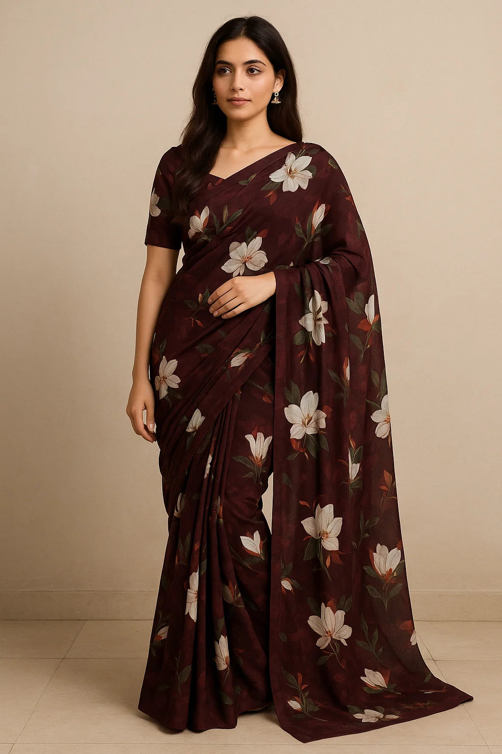 Big White Flower Repeat Digital Printed Fabric - Pure Georgette