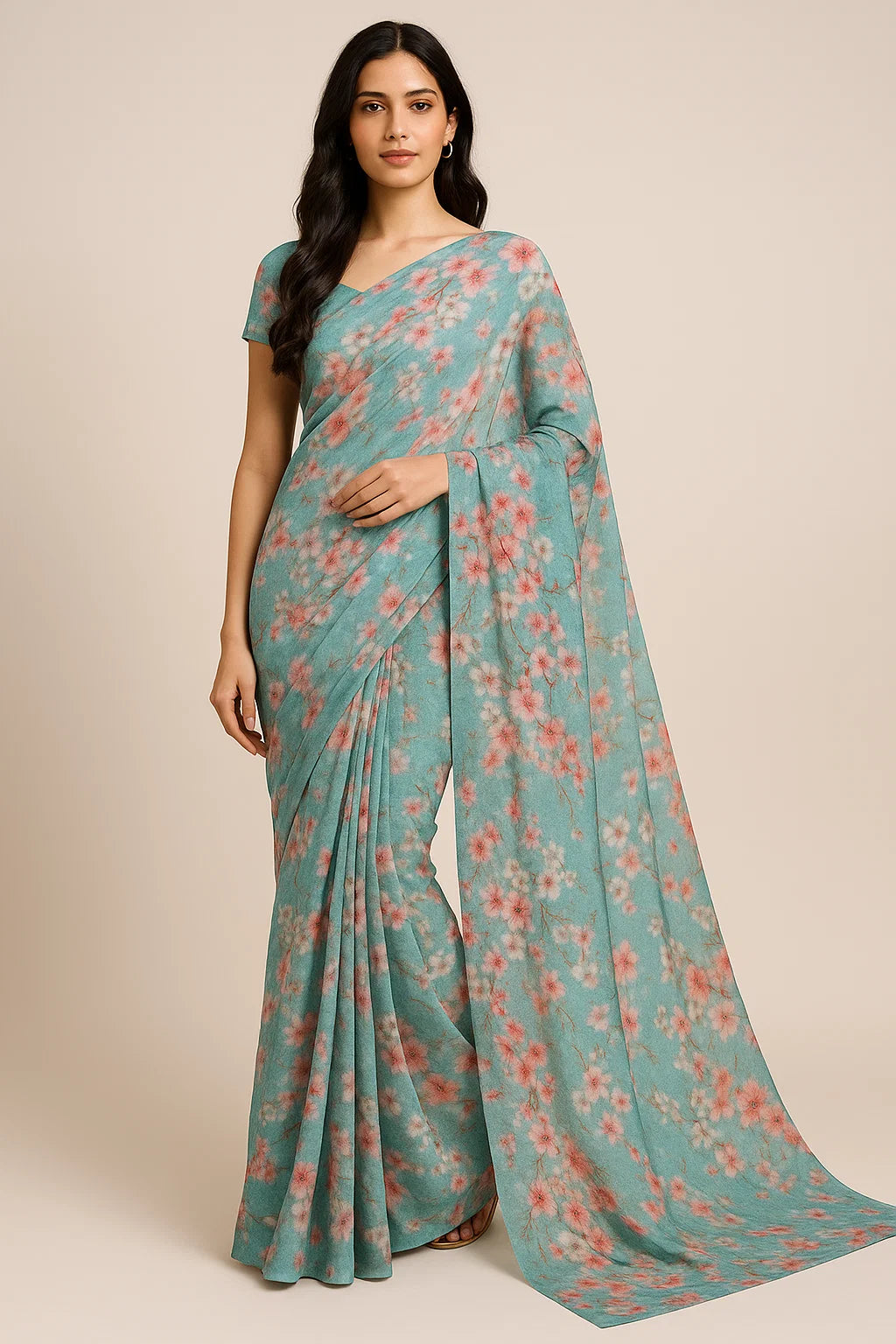 Periwinkle Floral Spring Flower Digital Printed Fabric - Pure Georgette