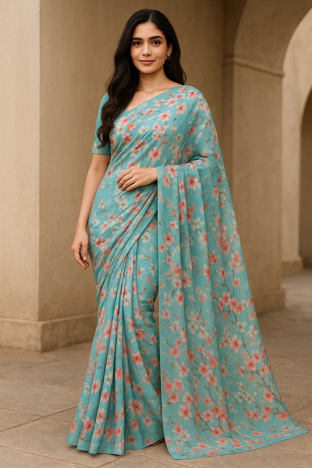 Periwinkle Floral Spring Flower Digital Printed Fabric - Pure Georgette