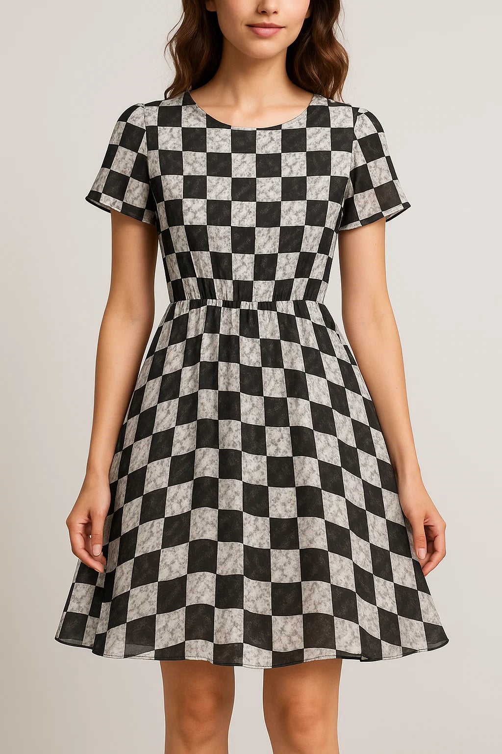 Smoky Black And White Cheques Colour Digital Printed Fabric - Pure Georgette