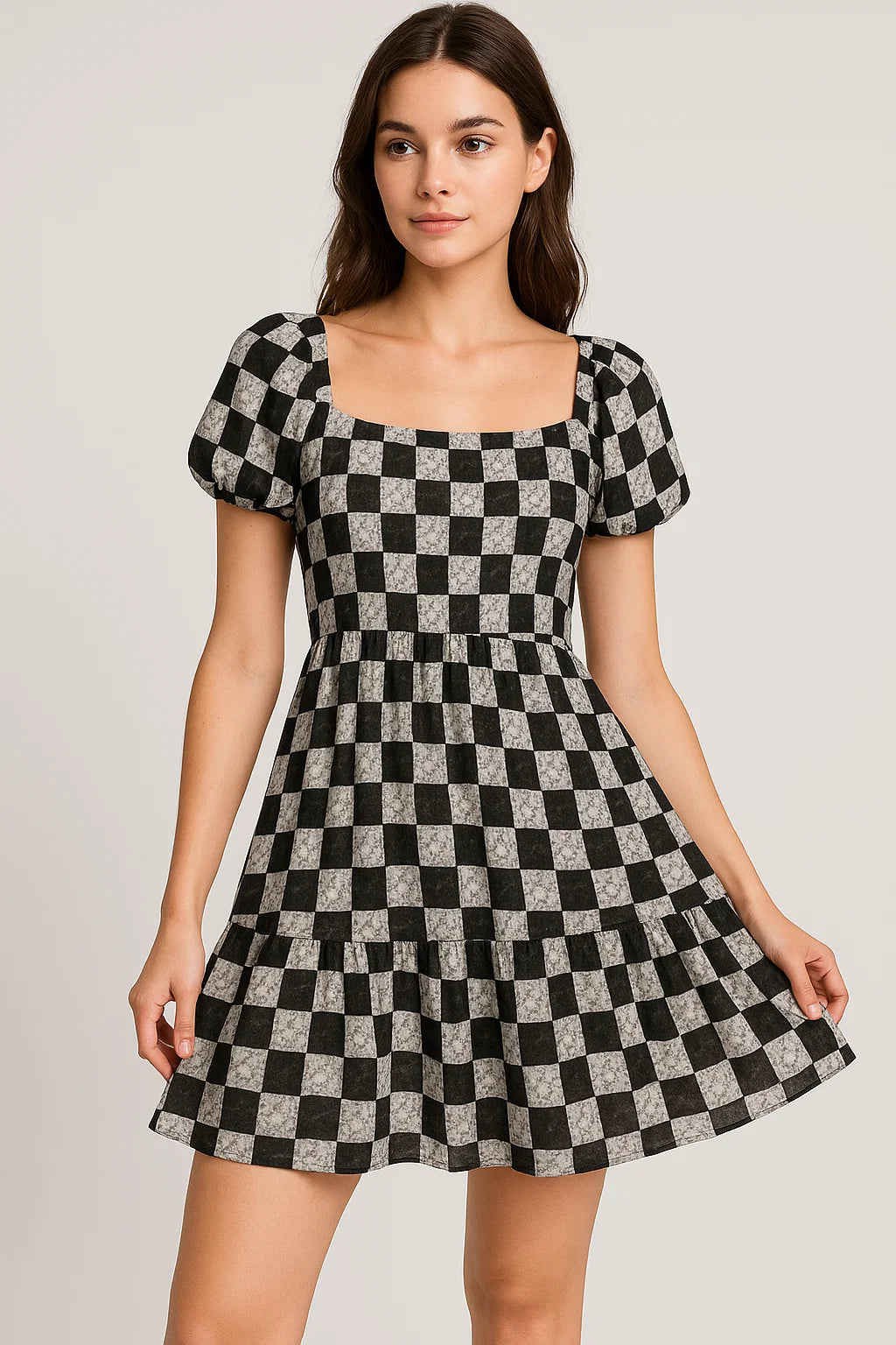 Smoky Black And White Cheques Colour Digital Printed Fabric - Pure Georgette