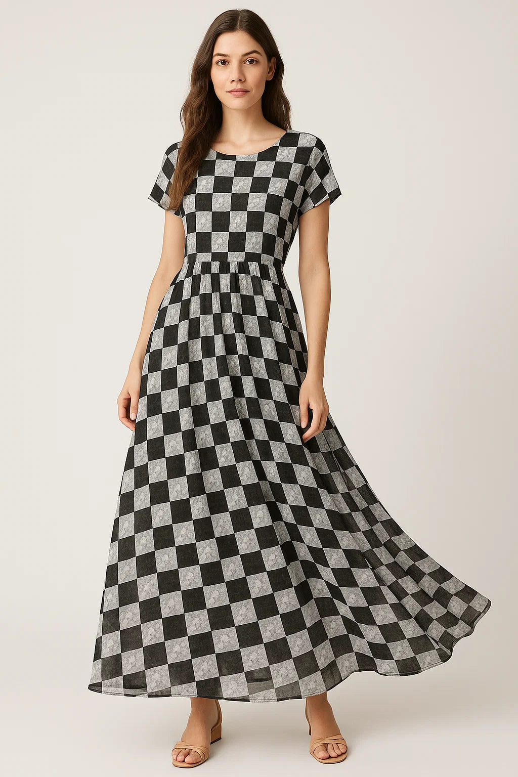 Smoky Black And White Cheques Colour Digital Printed Fabric - Pure Georgette