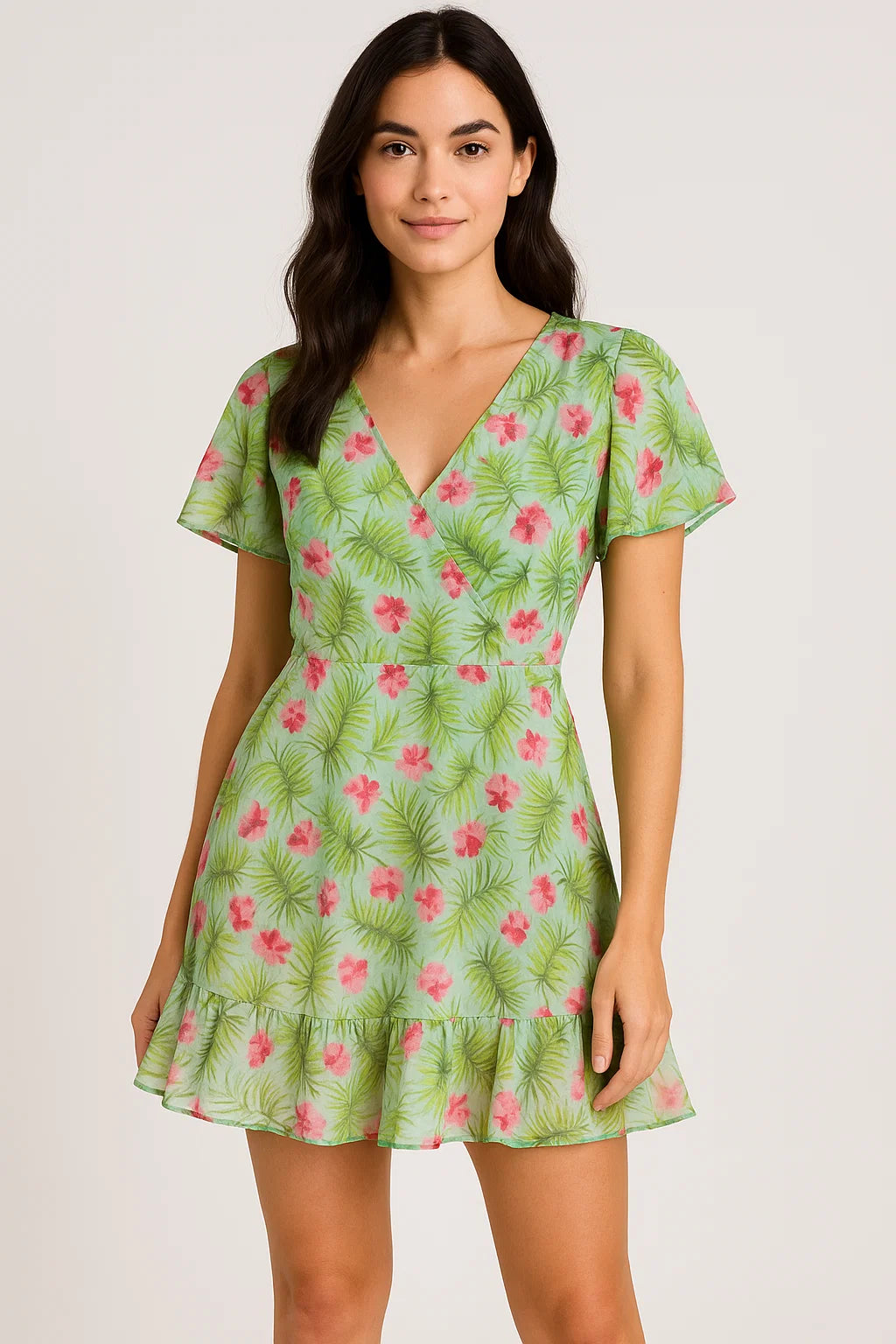 Tropical Leaves Pink Hibiscus Flower Digital Printed Fabric - Pure Georgette