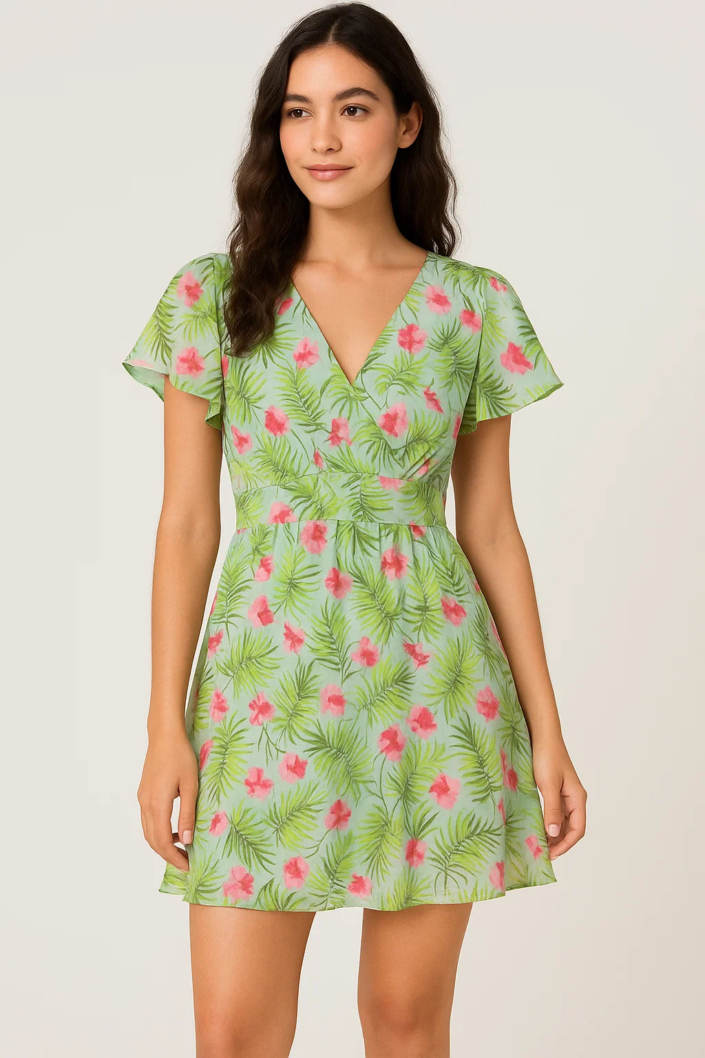 Tropical Leaves Pink Hibiscus Flower Digital Printed Fabric - Pure Georgette