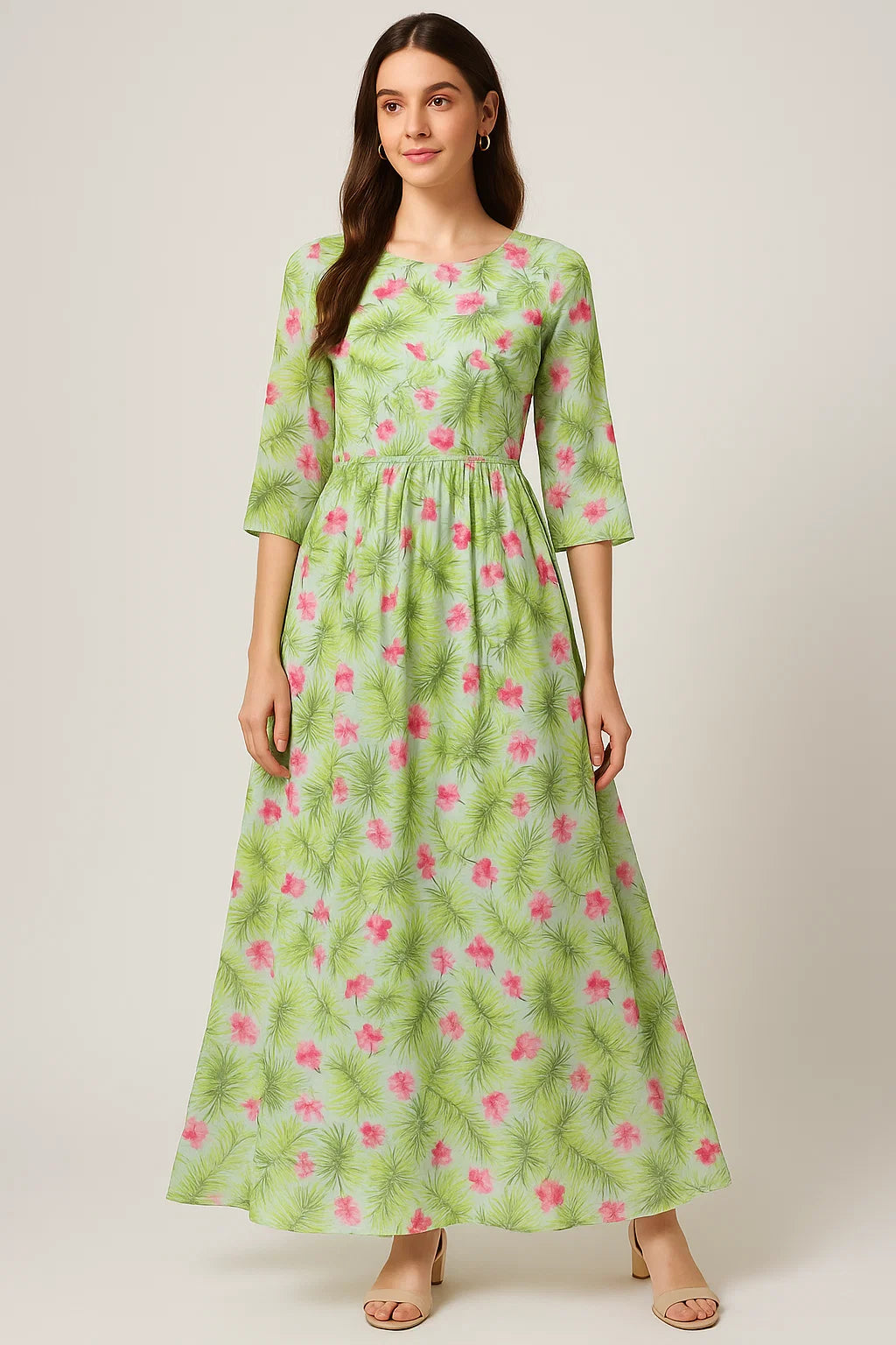 Tropical Leaves Pink Hibiscus Flower Digital Printed Fabric - Pure Georgette