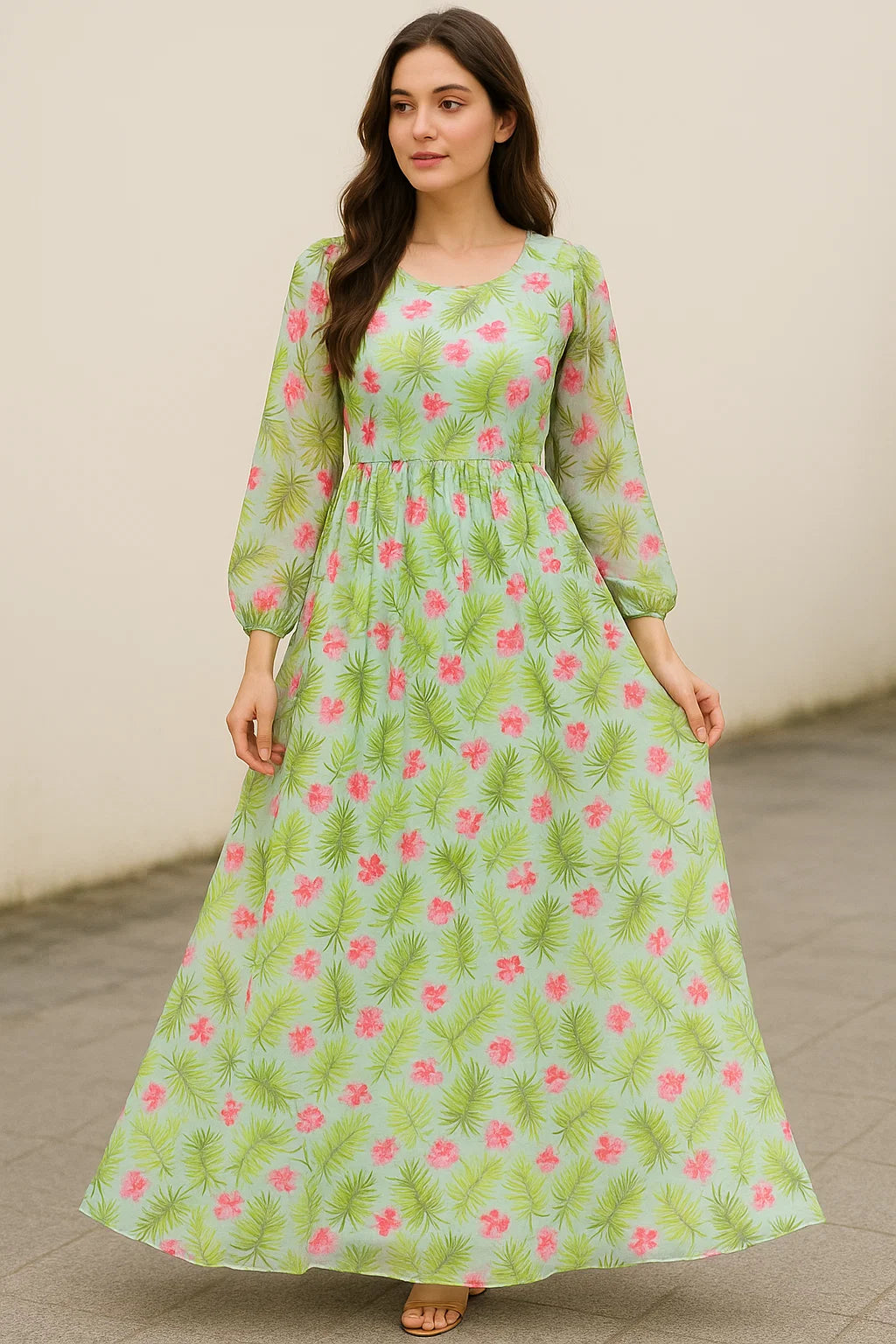 Tropical Leaves Pink Hibiscus Flower Digital Printed Fabric - Pure Georgette