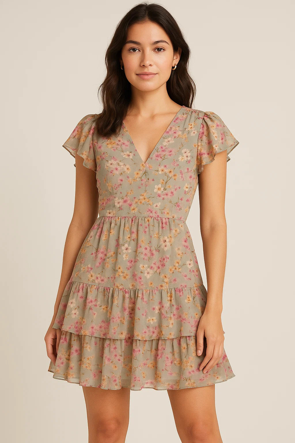 Beautiful Ditsy Gold Sand With Pot Pourri Colour Digital Printed Fabric - Pure Georgette