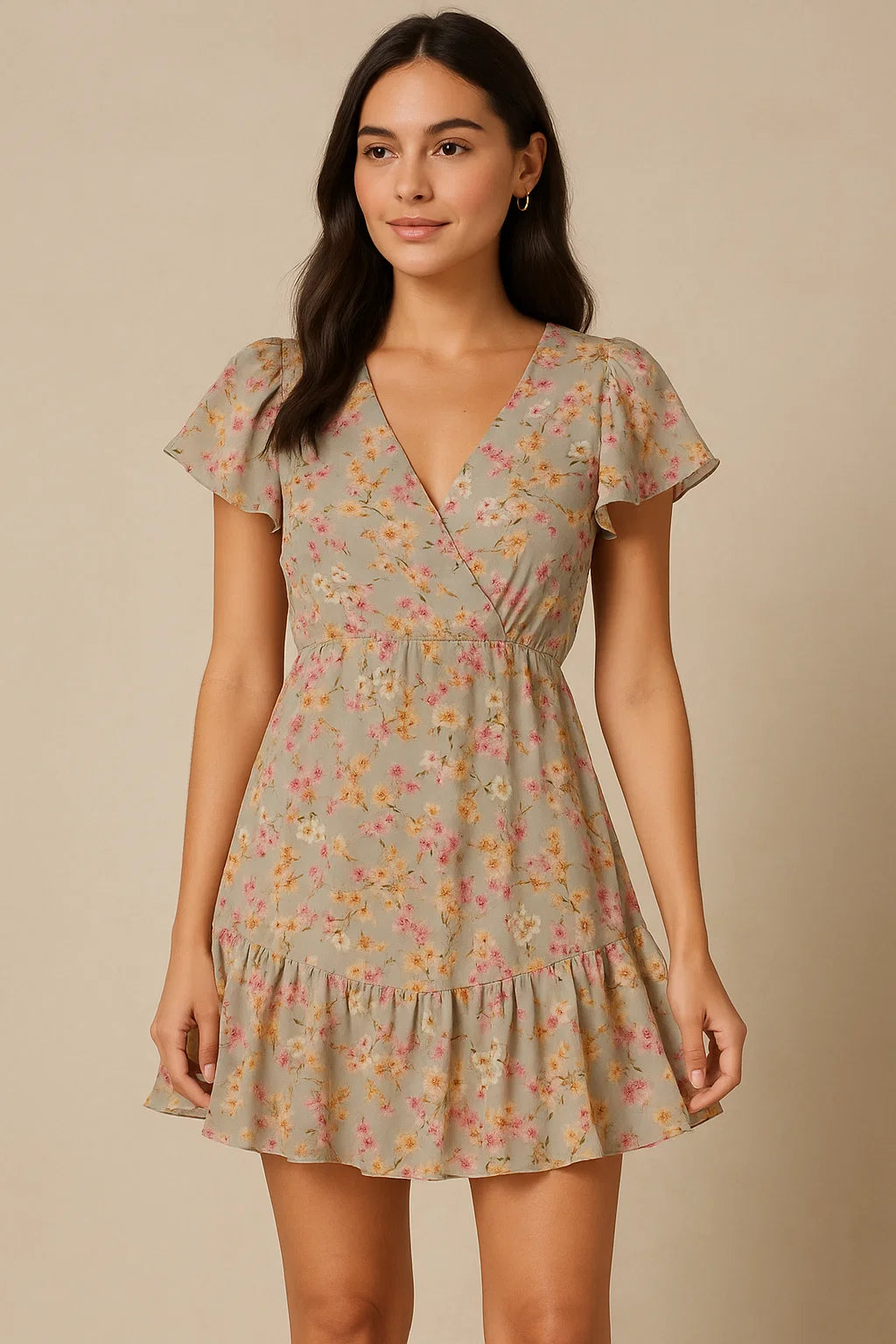 Beautiful Ditsy Gold Sand With Pot Pourri Colour Digital Printed Fabric - Pure Georgette