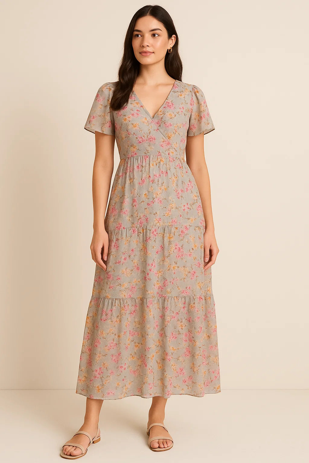 Beautiful Ditsy Gold Sand With Pot Pourri Colour Digital Printed Fabric - Pure Georgette