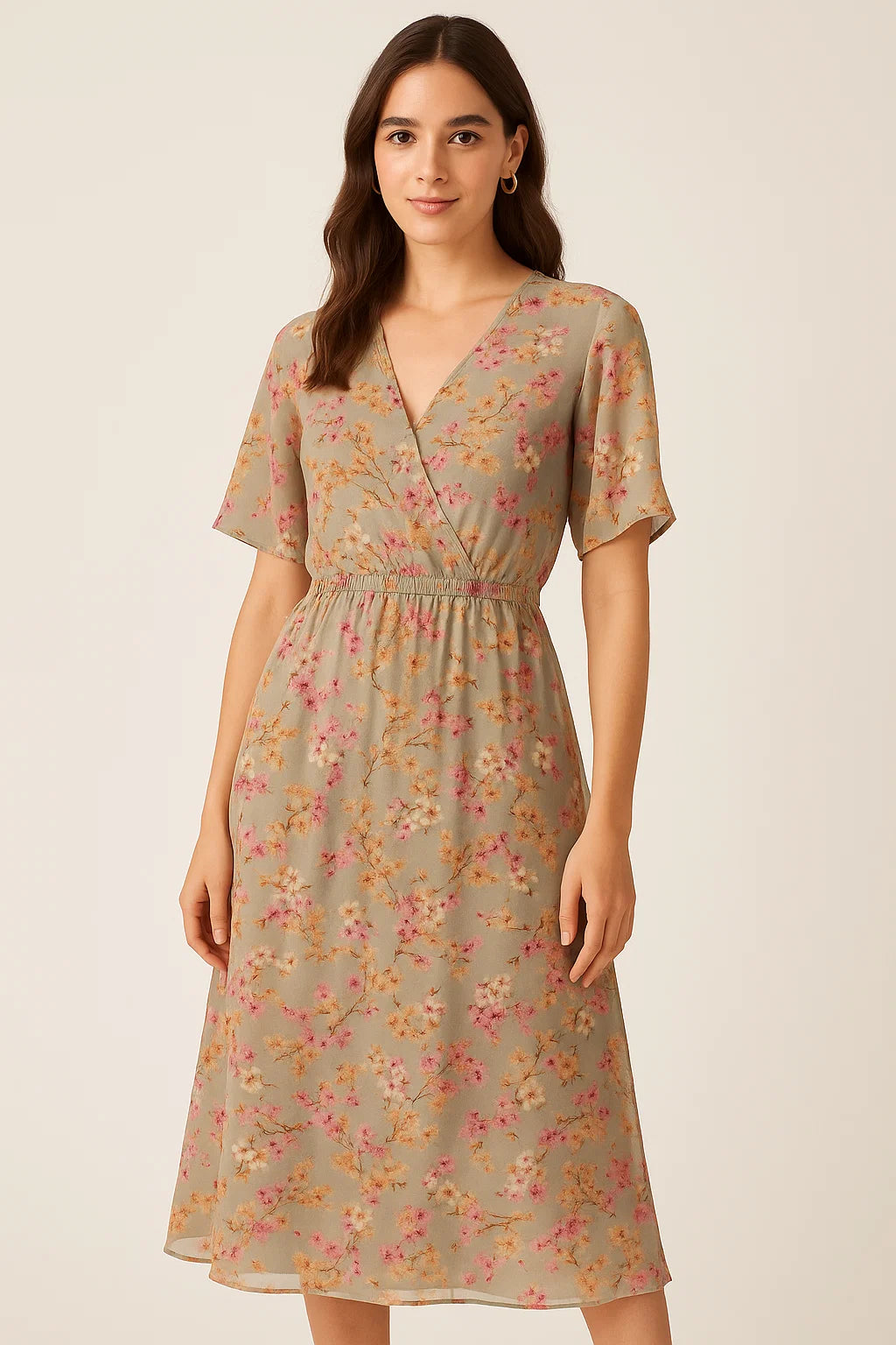 Beautiful Ditsy Gold Sand With Pot Pourri Colour Digital Printed Fabric - Pure Georgette