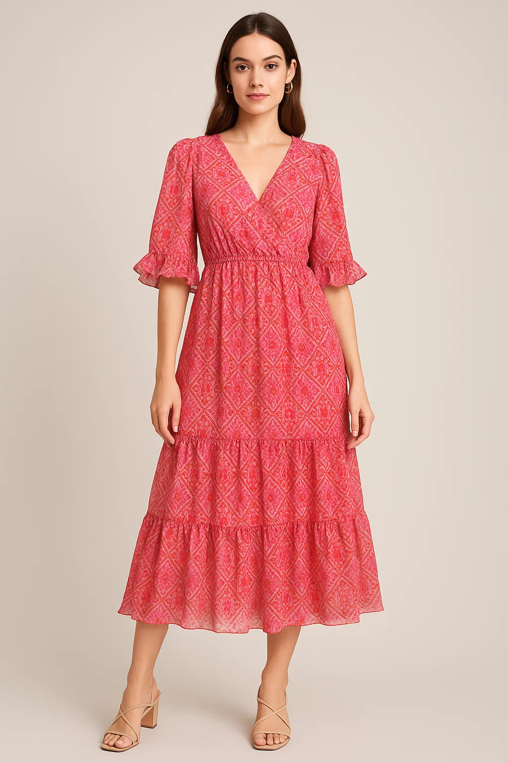 Hand Painted Argyle Pattern Digital Printed Fabric - Pure Georgette