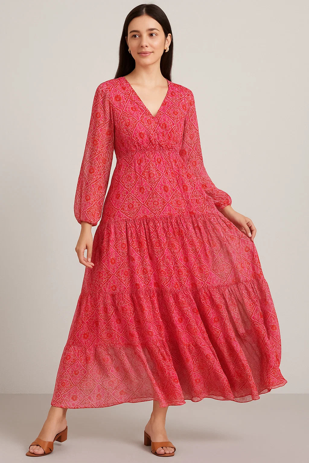 Hand Painted Argyle Pattern Digital Printed Fabric - Pure Georgette