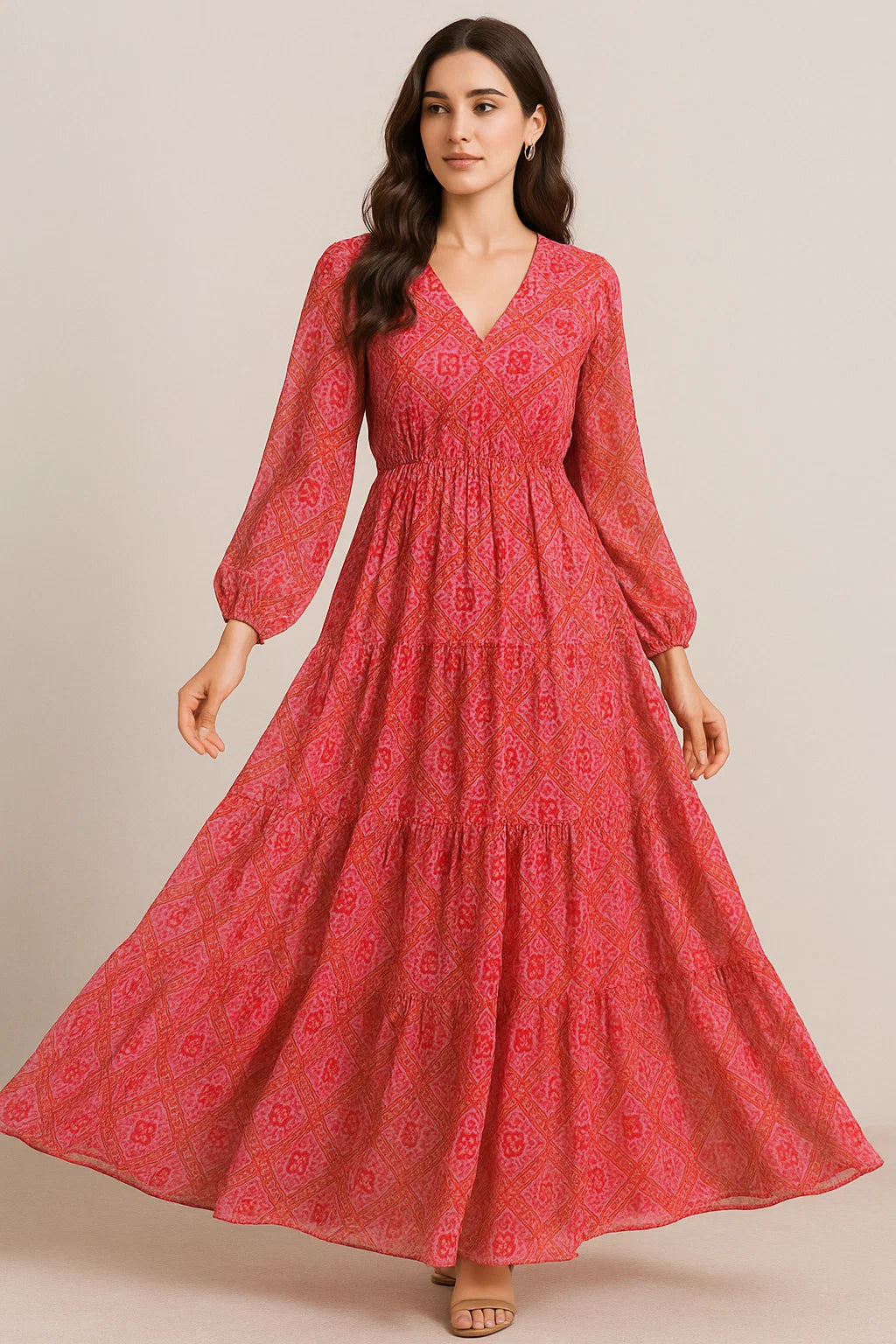 Hand Painted Argyle Pattern Digital Printed Fabric - Pure Georgette