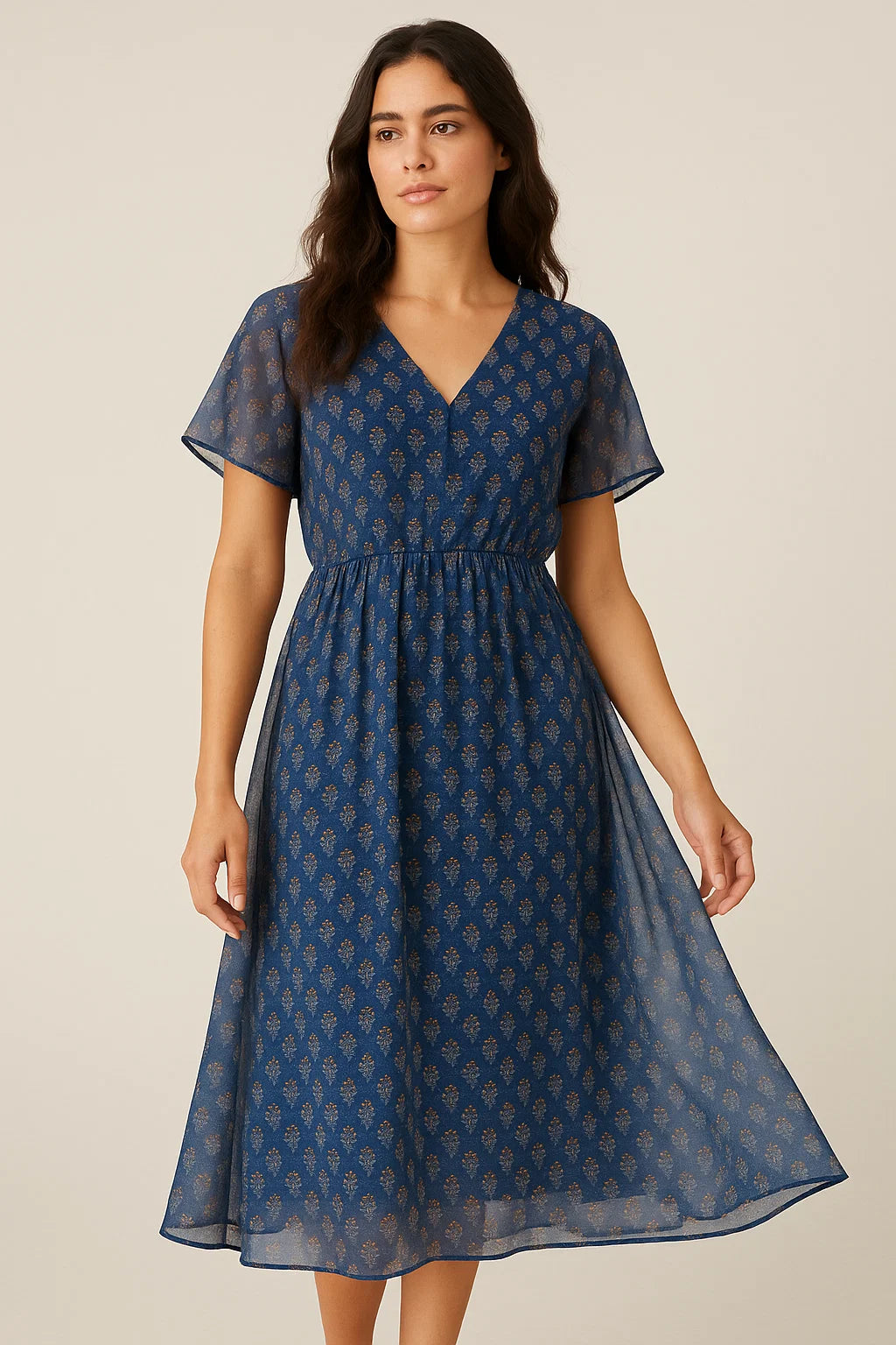 Lovely Blue Port Tree Leaves Digital Printed Fabric - Pure Georgette