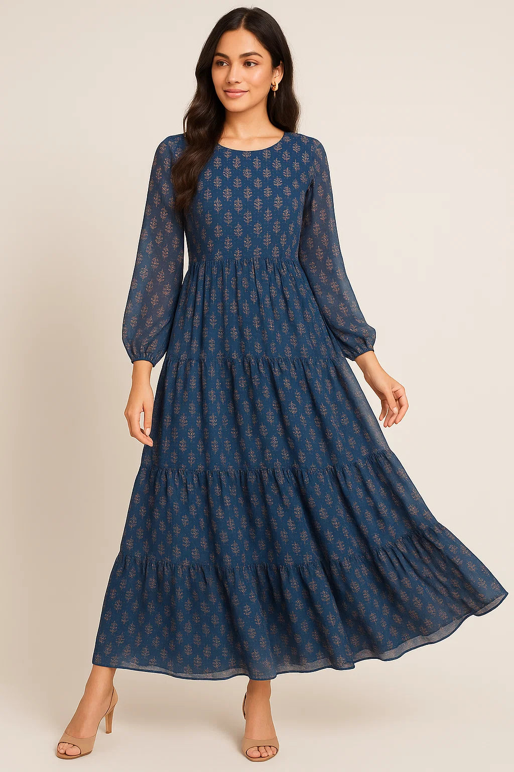 Lovely Blue Port Tree Leaves Digital Printed Fabric - Pure Georgette