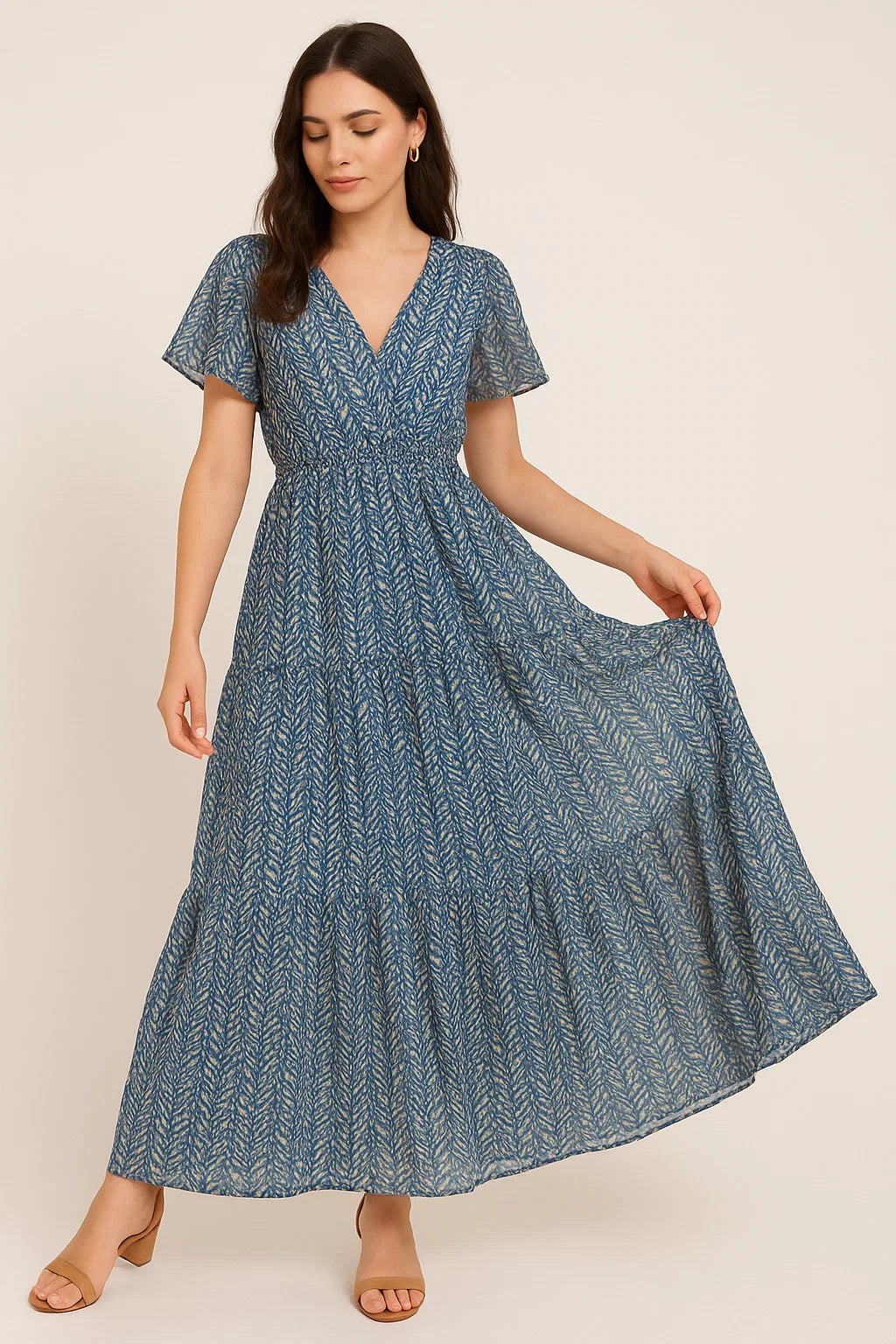 Beautiful Valley Of Leaves With Blue Digital Printed Fabric - Pure Georgette