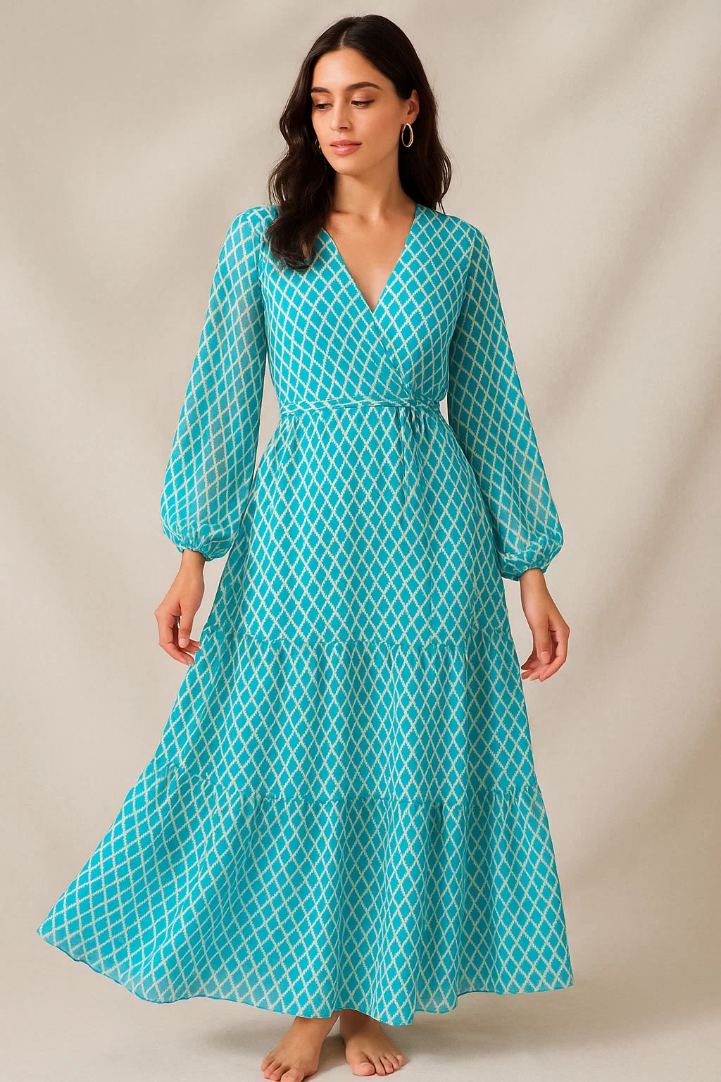 Blue Lattice Lovely Seamless Digital Printed Fabric - Pure Georgette