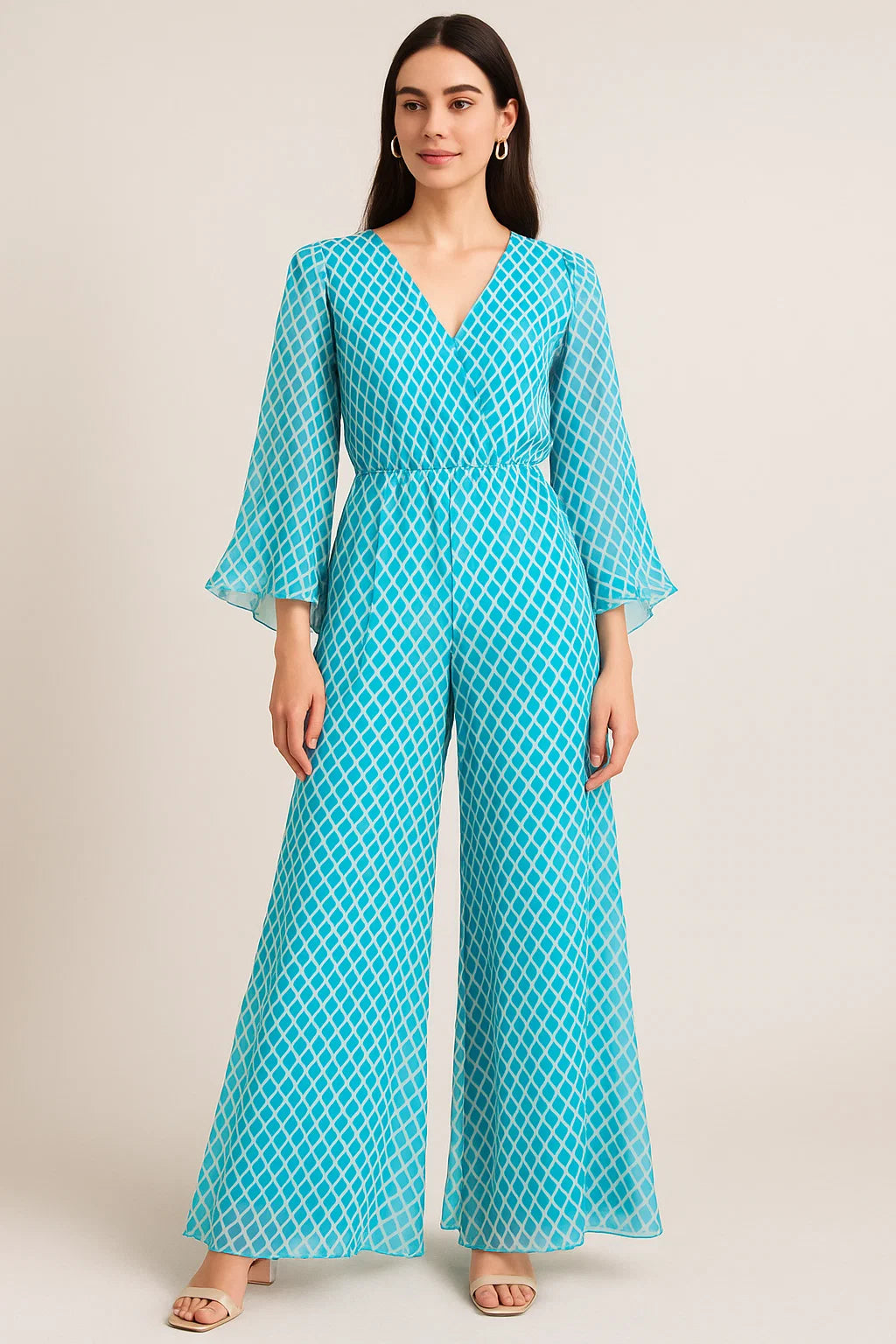 Blue Lattice Lovely Seamless Digital Printed Fabric - Pure Georgette