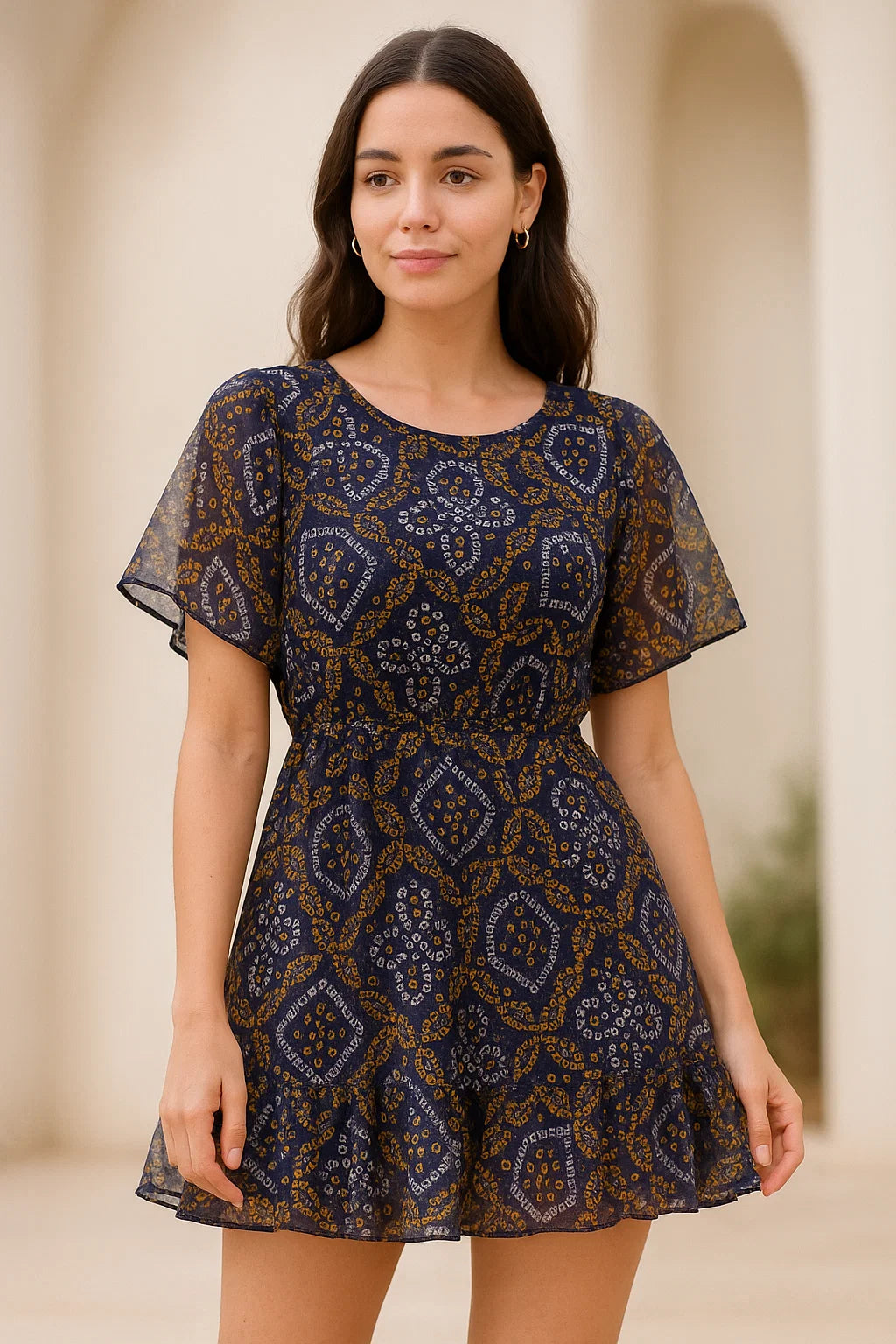 Tiny Yellow And White Doted Digital Printed Fabric - Pure Georgette