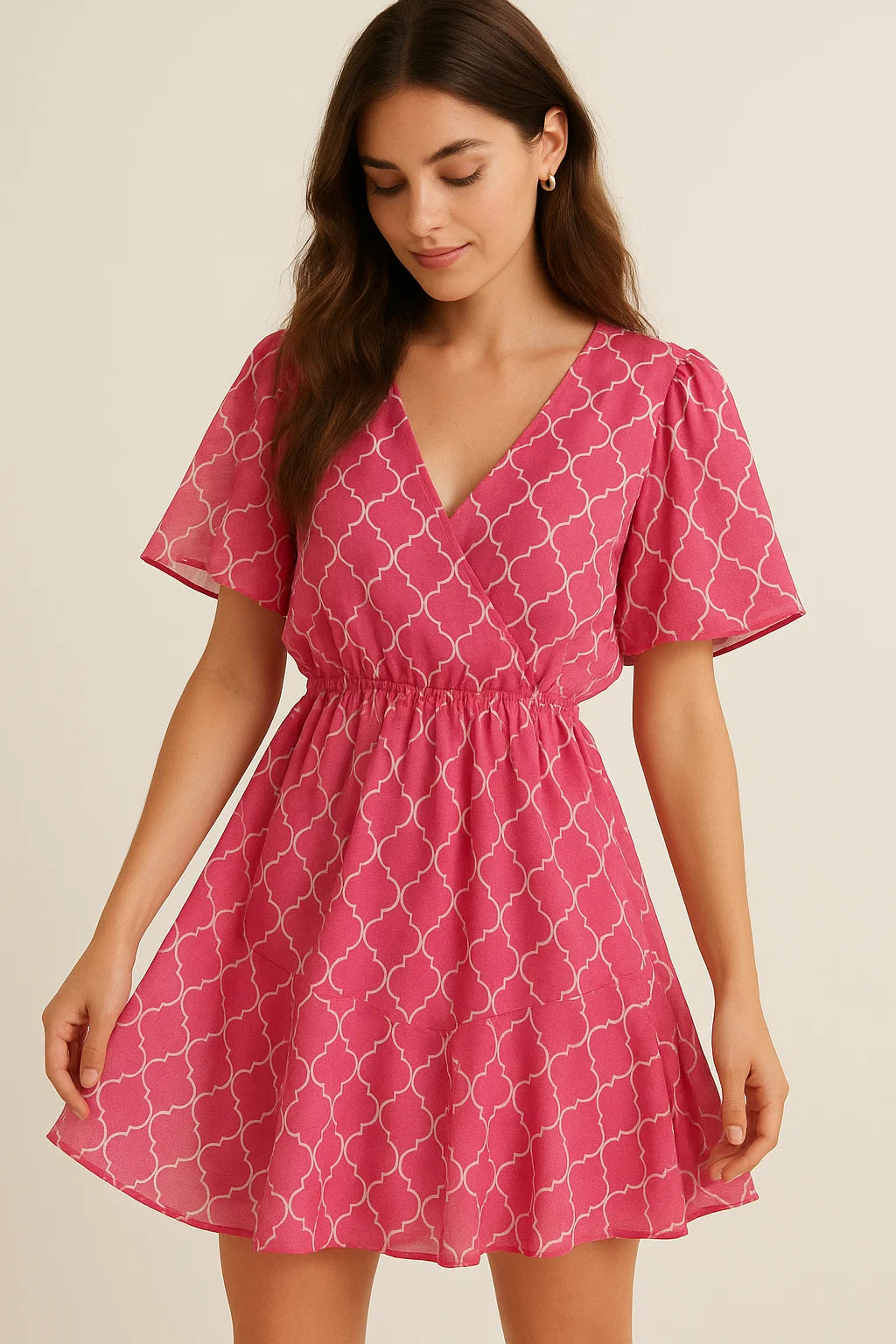 Pink Quatrefoil Patterns Digital Printed Fabric - Pure Georgette